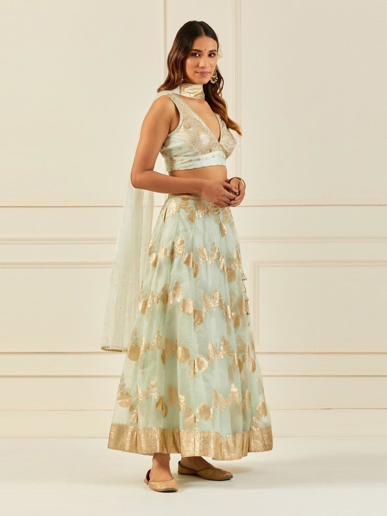 Geroo Jaipur Light Green Organza Banarasi Lehenga Set with Mukaish Dupatta