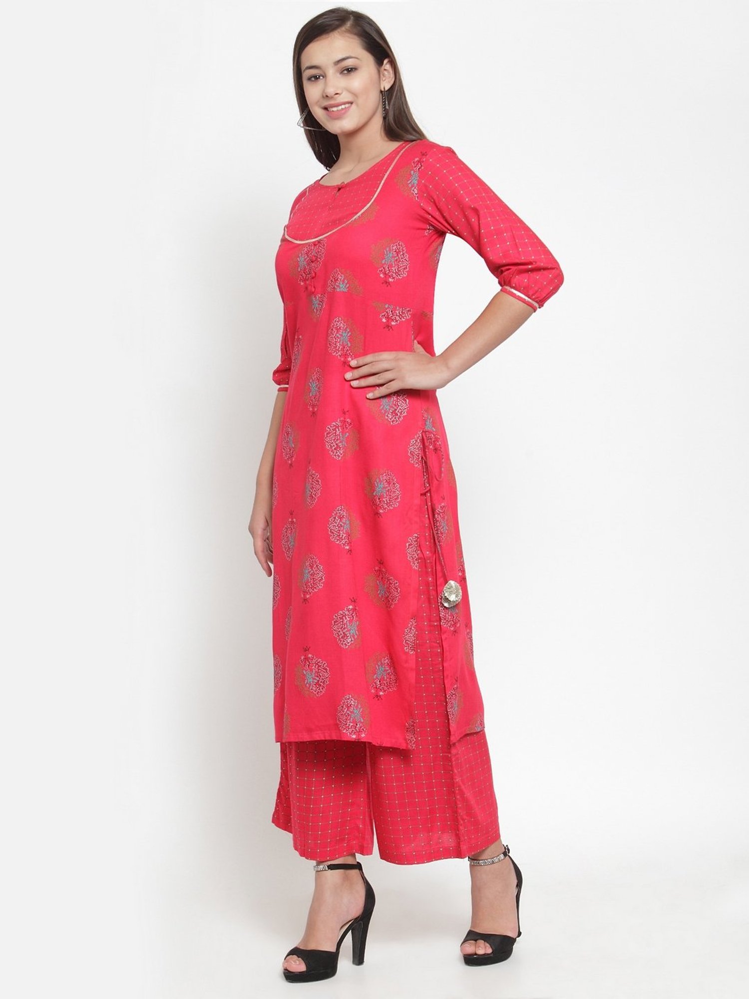 Indibelle Fuchsia Floral Print Straight Kurta