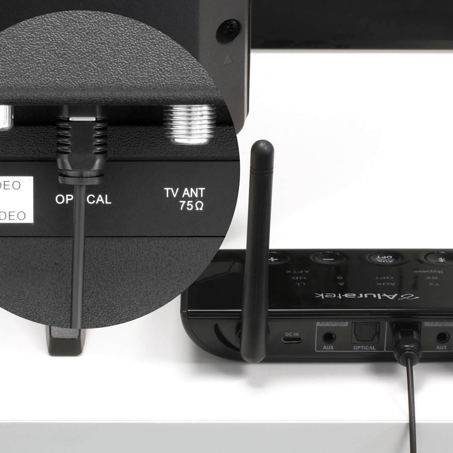 Aluratek Bluetooth Wireless TV Streaming Kit with Bluetooth 5, Long Range Up to 100, No Delay aptX, Optical, Aux, RCA, Includes Headphone and Transmitter/Receiver Adapter, PC, Laptop, Mac (ABCTVKIT)