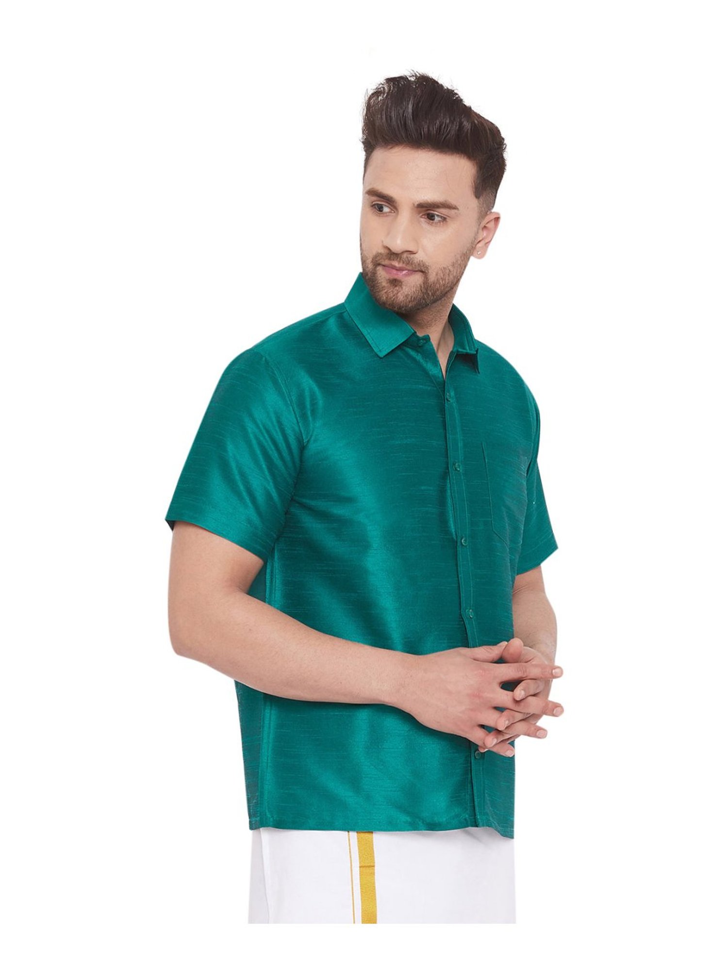 VASTRAMAY Green Straight Fit Self Pattern Ethnic Shirt