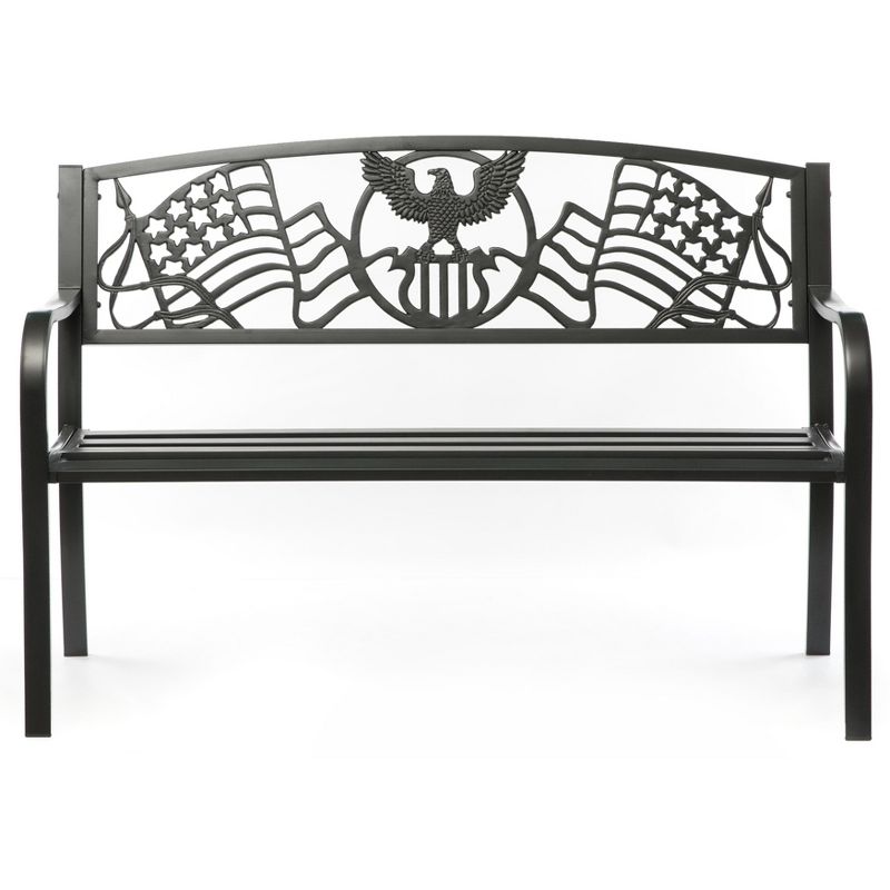 Gardenised Steel Outdoor Patio Garden Park Bench with Cast Iron "American Flag" Backrest