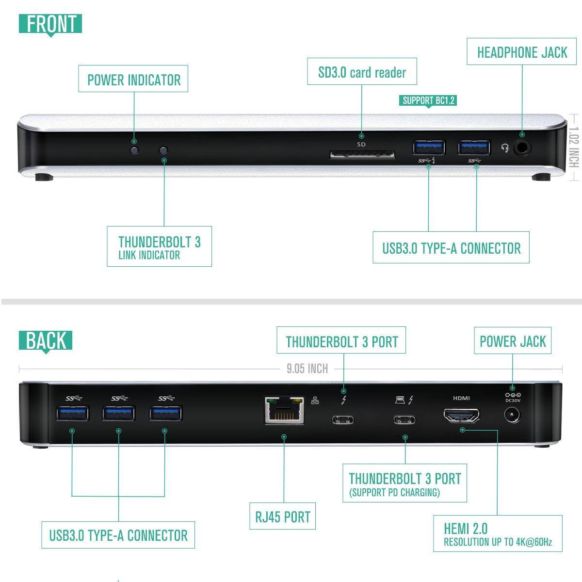 [Thunderbolt Certified] Nekteck Thunderbolt 3 PD Docking Station, Supports 4K HD Display, 60W Power Delivery, 4K HDMI2.0@60Hz, 5 USB 3.0 ports, for MackBook Pro Late 2016/2017 & Specific Windows/macOS