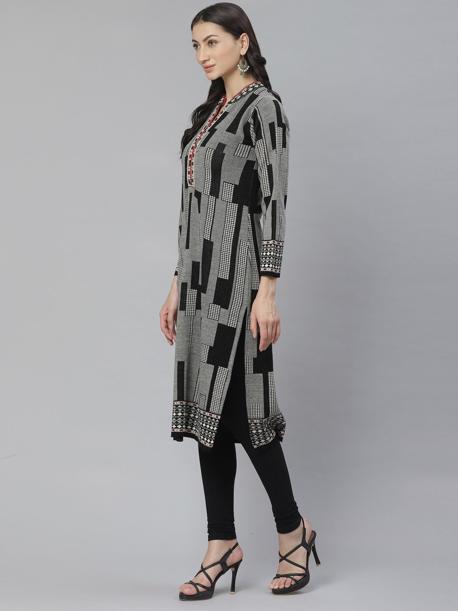 Cayman Black & White Woven Pattern Straight Kurta