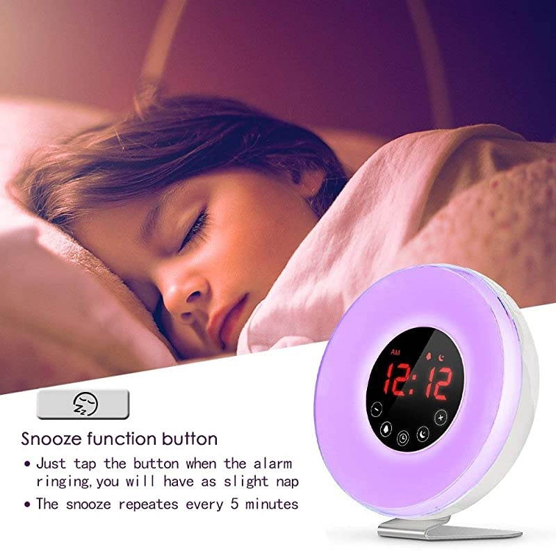 Alarm Clock Wake 6 Nature Sounds FM Radio Color Light Bedside Sunrise SimulatorTouch Control for Heavy SleepersWhite