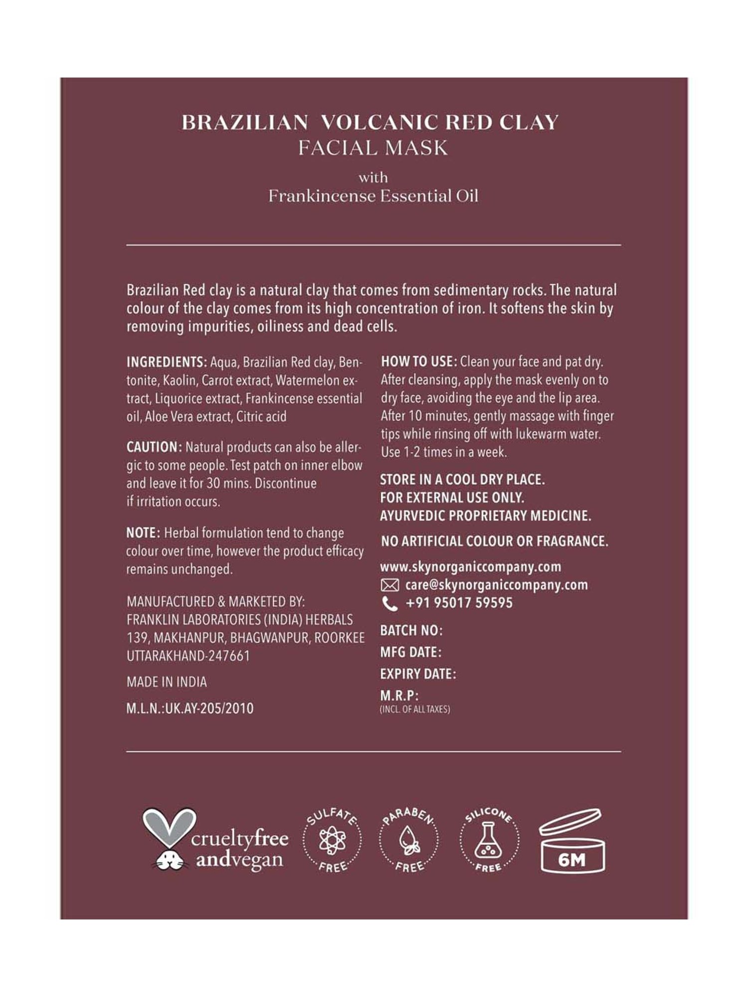 SKYN ORGANIC CO Brazilian Volcanic Red Clay Facial Mask - 50 gm