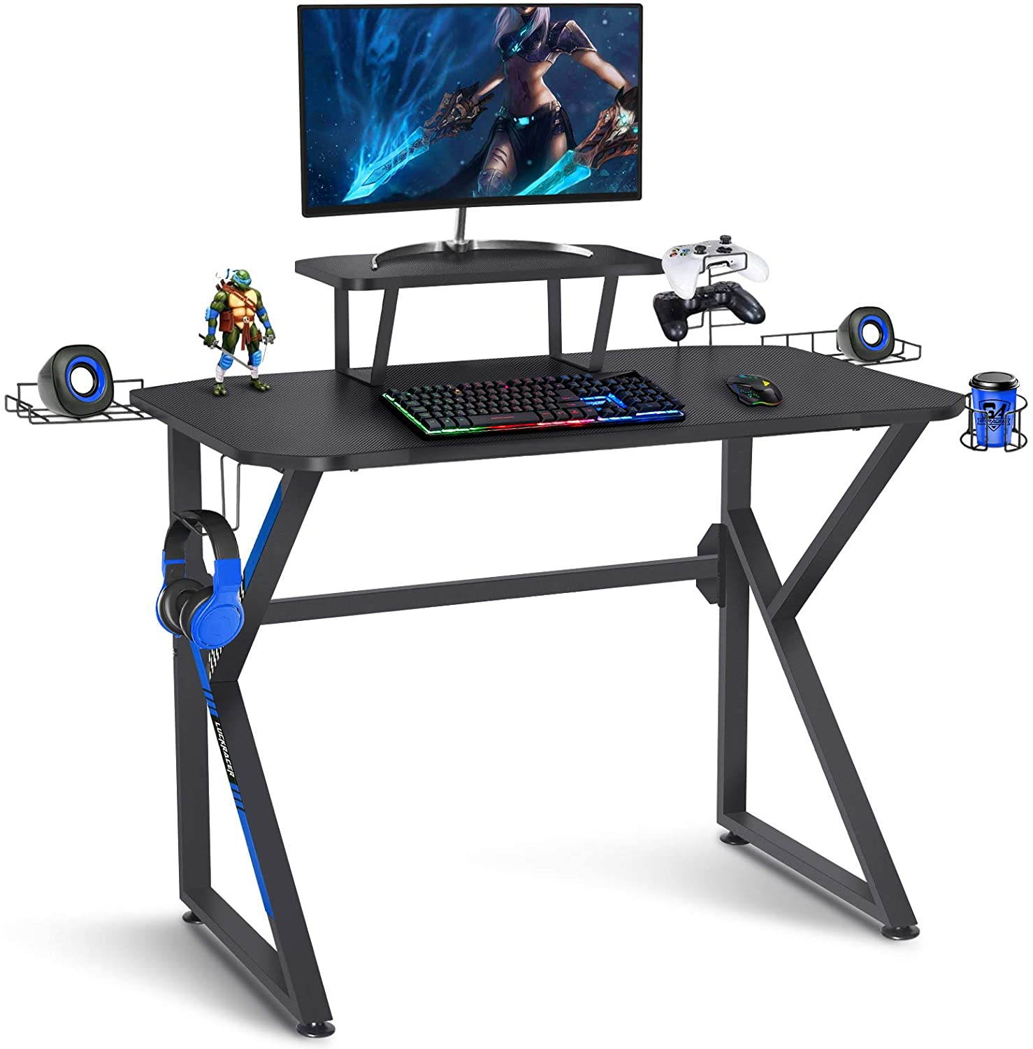 Gaming Desk 39 Inch Computer Desk Gaming Table K Shaped Pc Gaming Workstation Home Office Desk with Headphone/CD Holder, Gaming Controller Rrack,Black