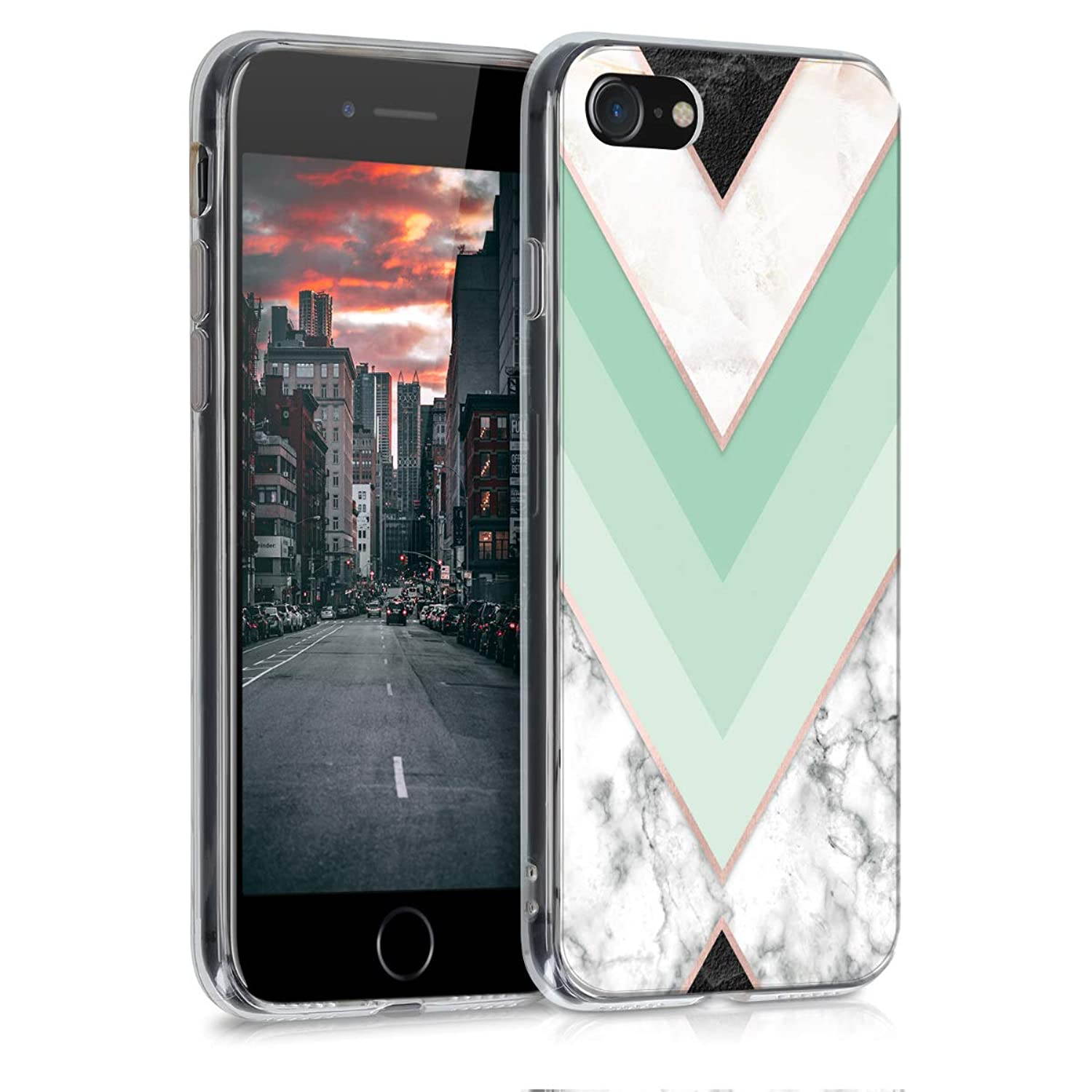 kwmobile Case Compatible with Apple iPhone 7/8 / SE (2020) - TPU Crystal Clear Back Protective Cover IMD Design - Marble Mint/Rose Gold/White
