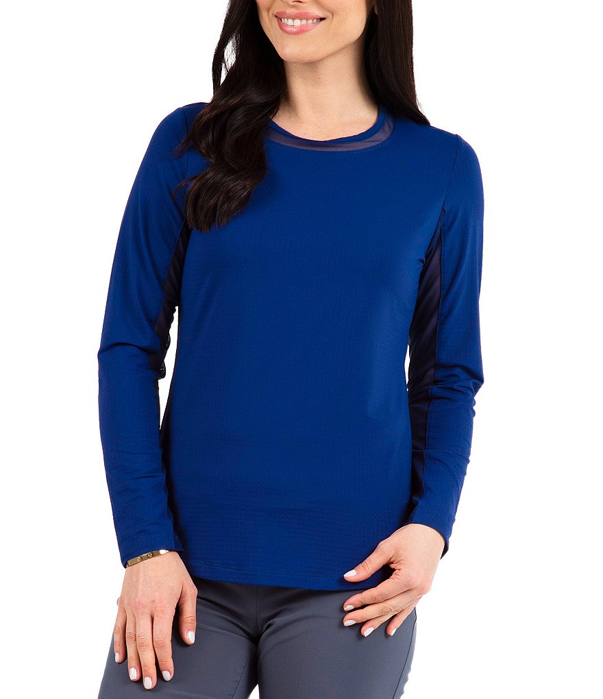 IBKUL Long Sleeve Mesh Inlay Crew Neck Top