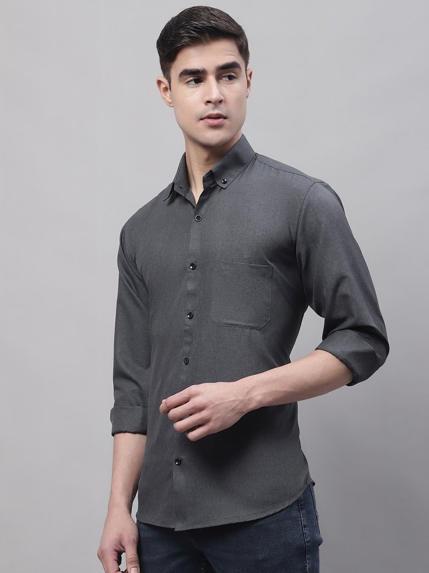 Jainish Grey Cotton Regular Fit Texture Shirt