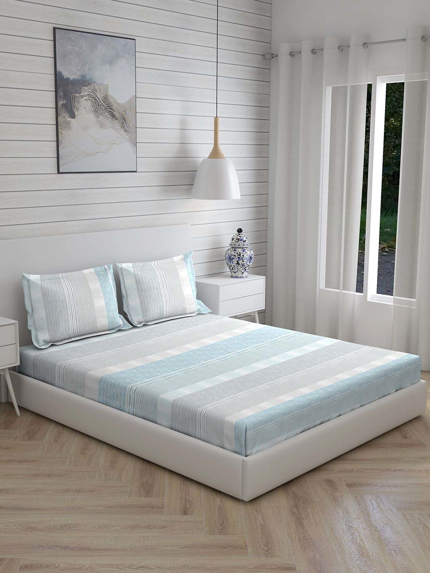 Boutique Living Cool Night Blue Cotton Blend 225 TC King Size Bed Sheet with Pillow Cover