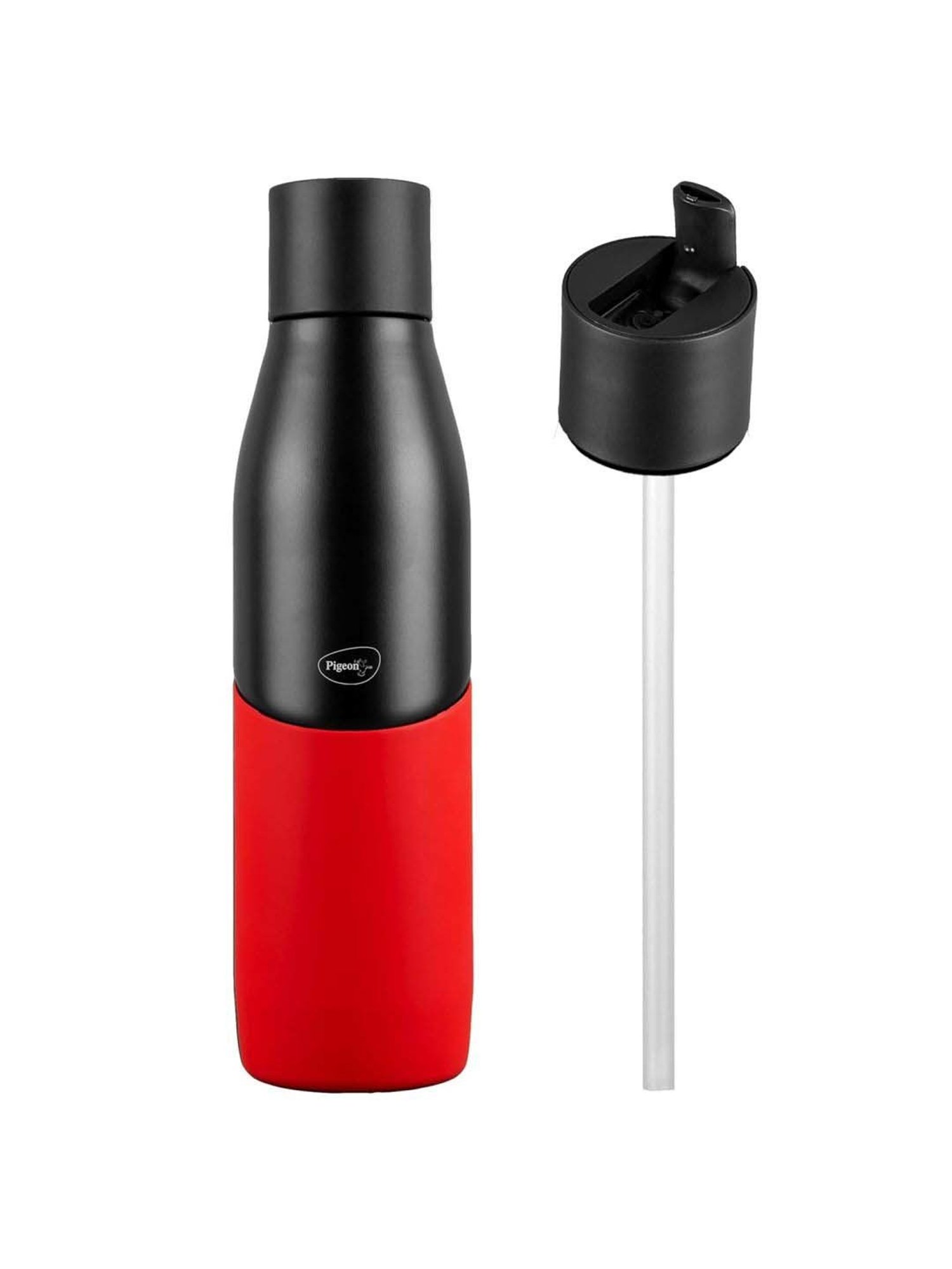 Pigeon Red & Black Stainless Steel Luxe Thermos Flask With Straw (0.75 L)