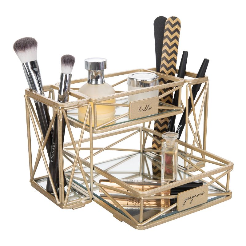 Two Tier Sleek Vanity Tower with Two Compartments Satin Gold - Home Details