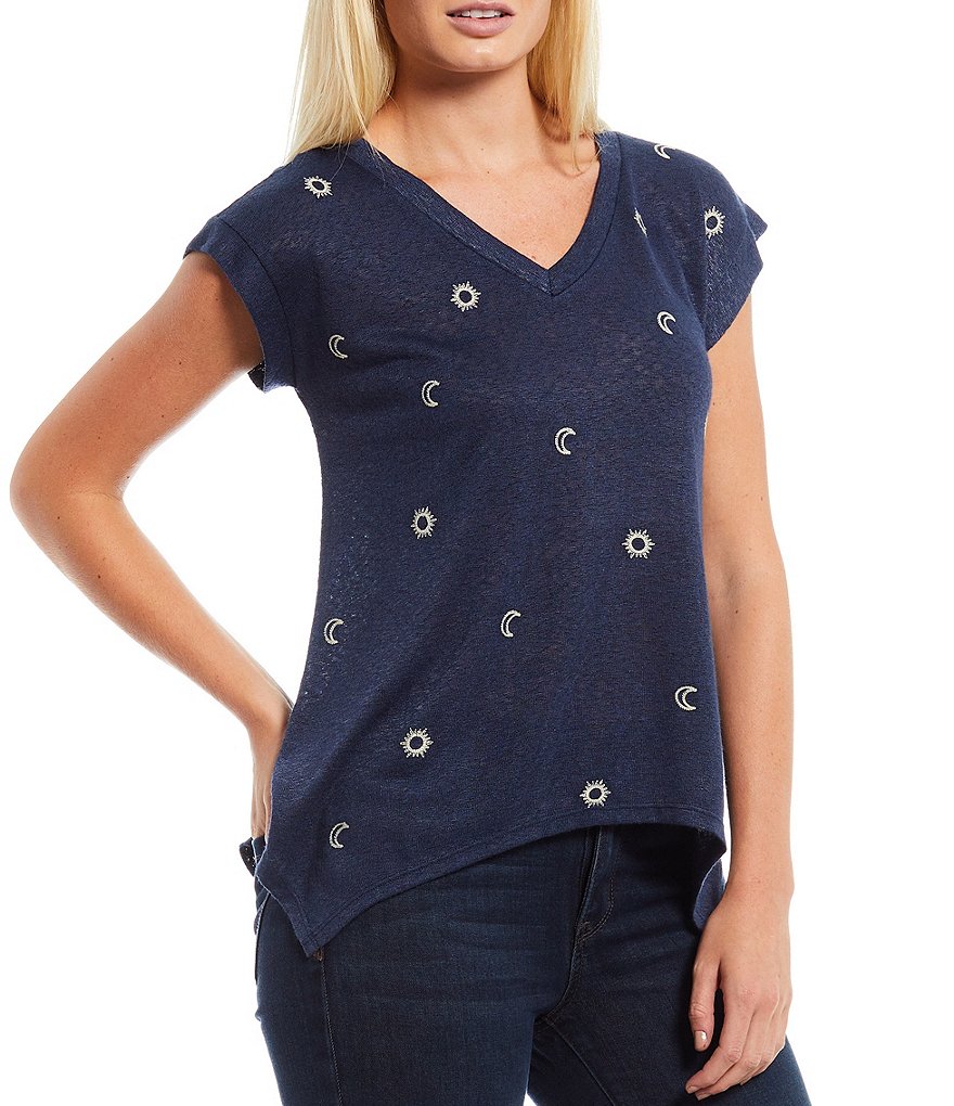Bobeau Embroidered V-Neck Cap Sleeve Sharkbite Tee