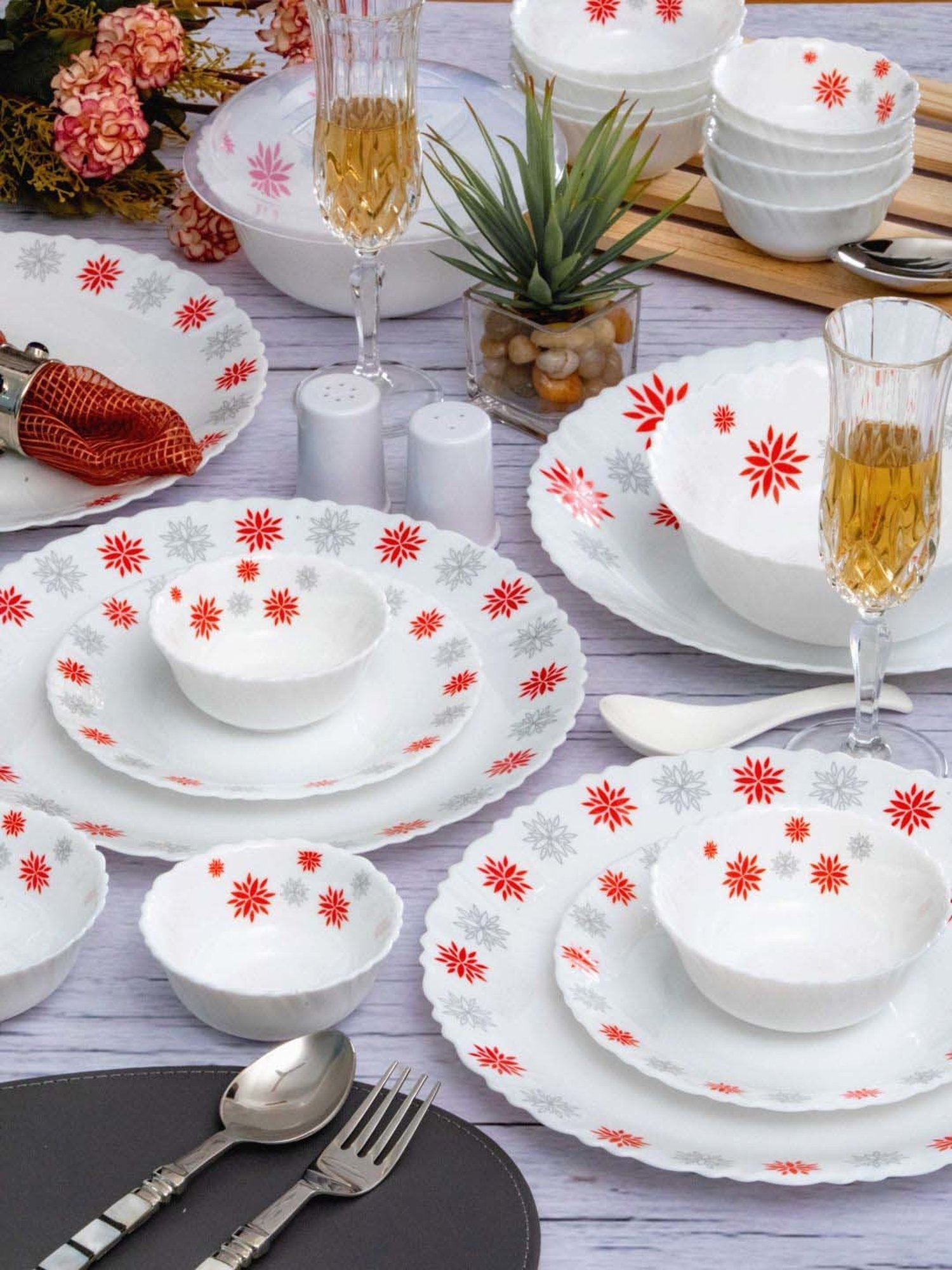 Cello White & Red Glass Dinner Set