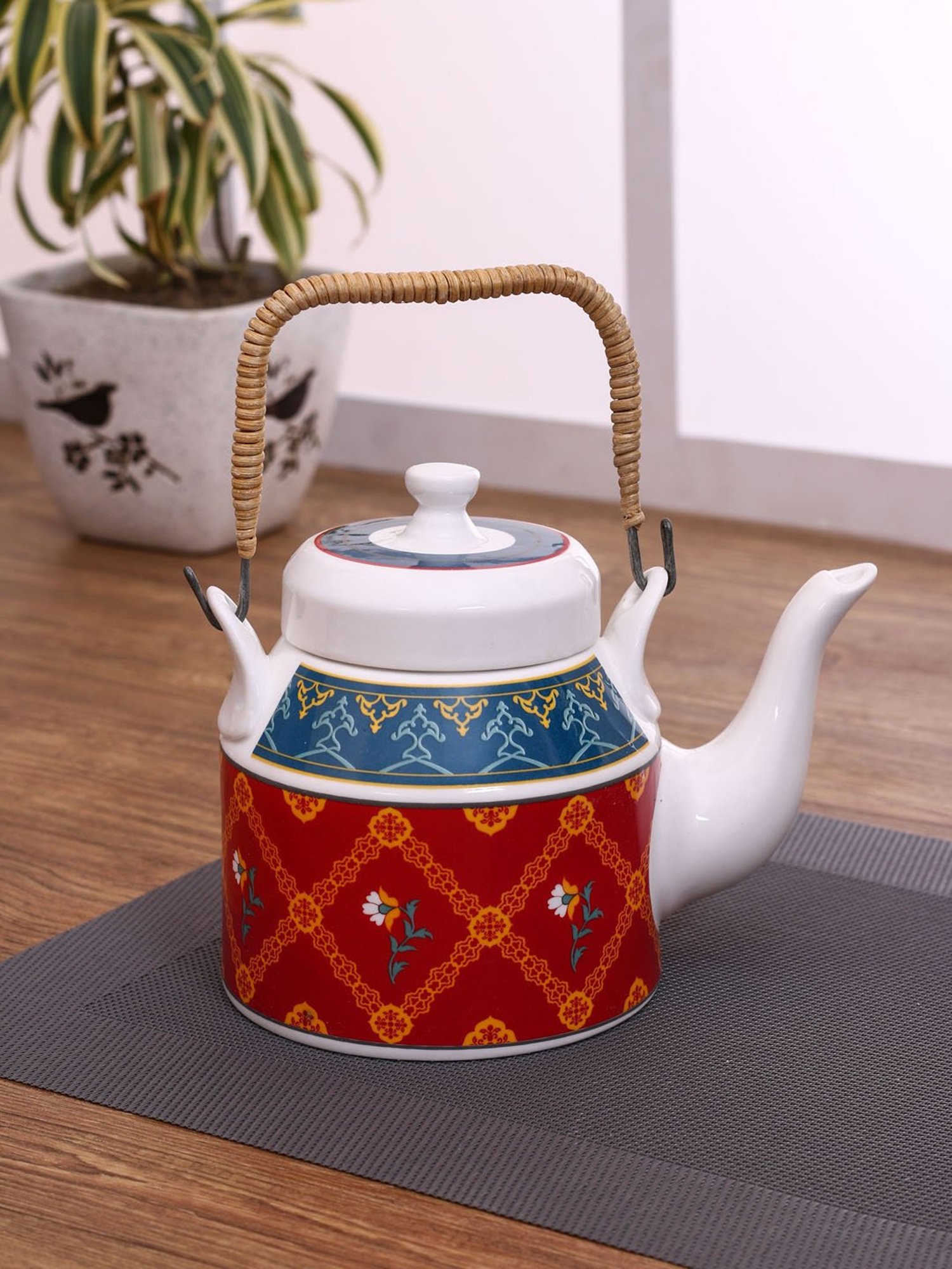 India Circus Floral Printed Fine Ceramic Desi Kettle with Lid - 1 Pc- 1000 ml