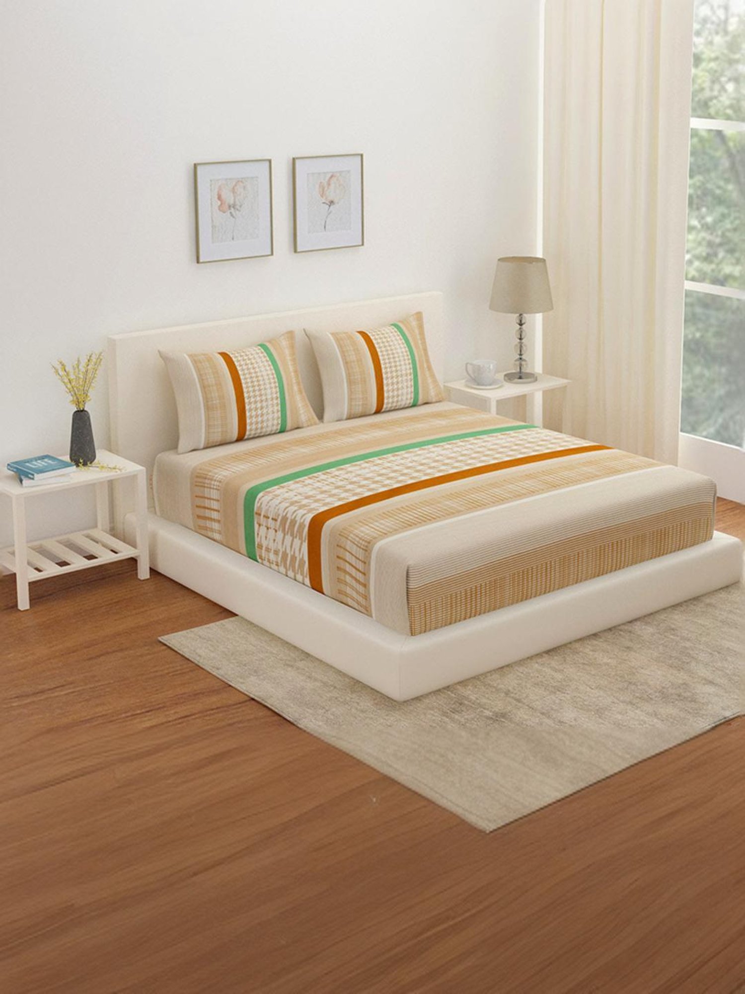 @Home Arias Brown 300 TC Cotton King Bedsheet with 2 Pillow Covers