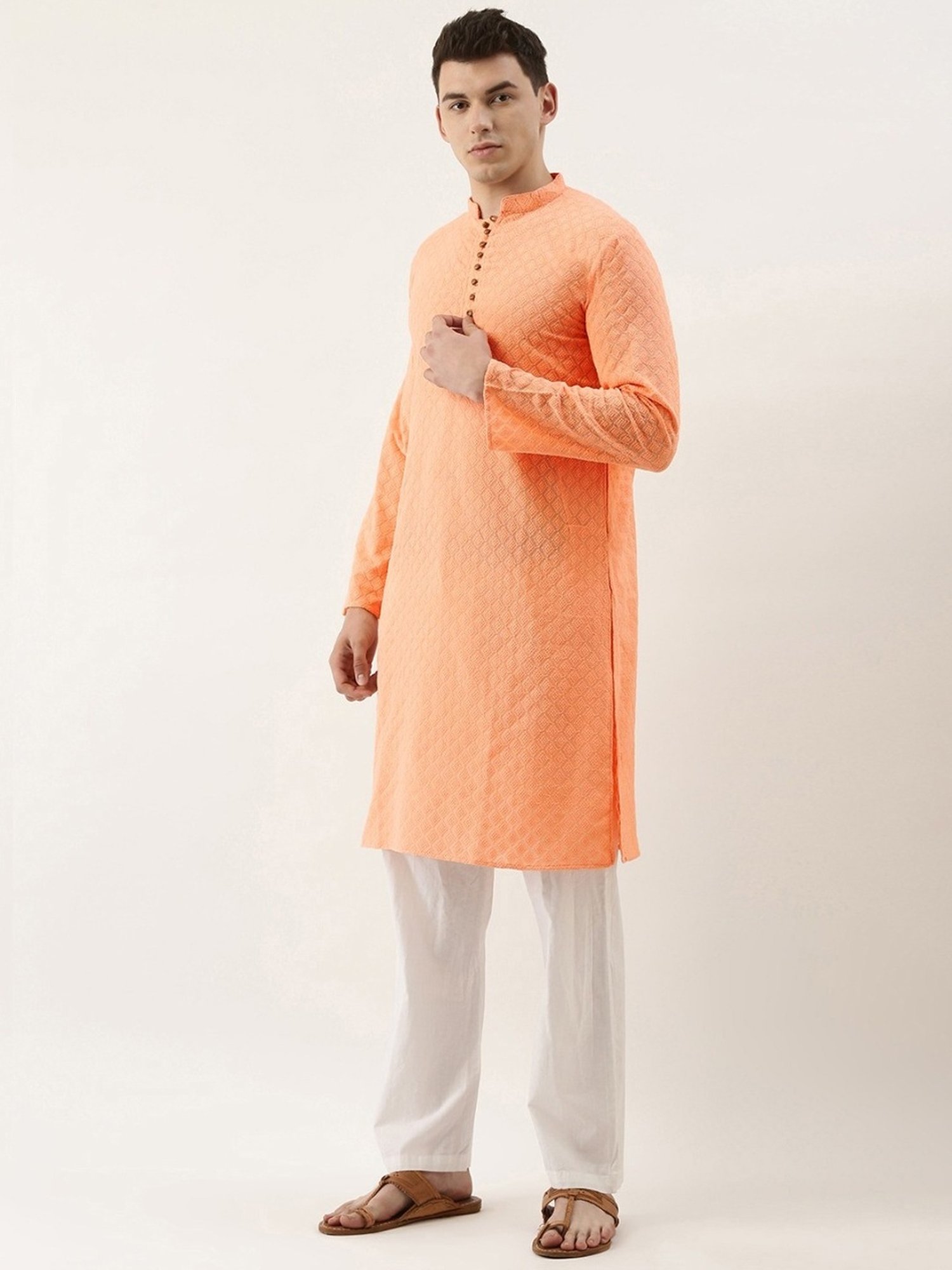SWAGG INDIA Peach Cotton Regular Fit Embroidered Kurta
