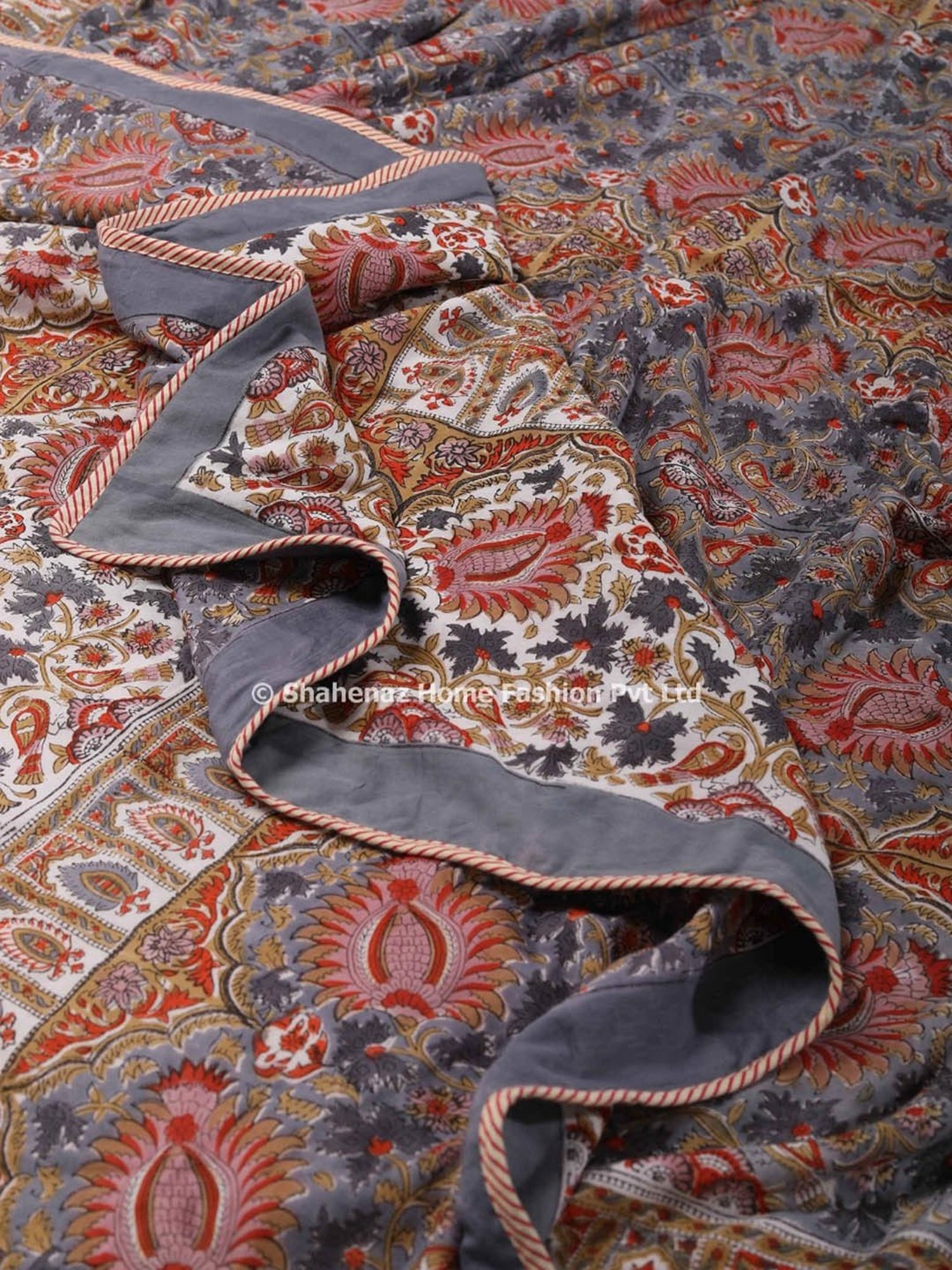 Shahenaz Camerina Floral Mustard & Grey Cotton Single Reversible Dohar