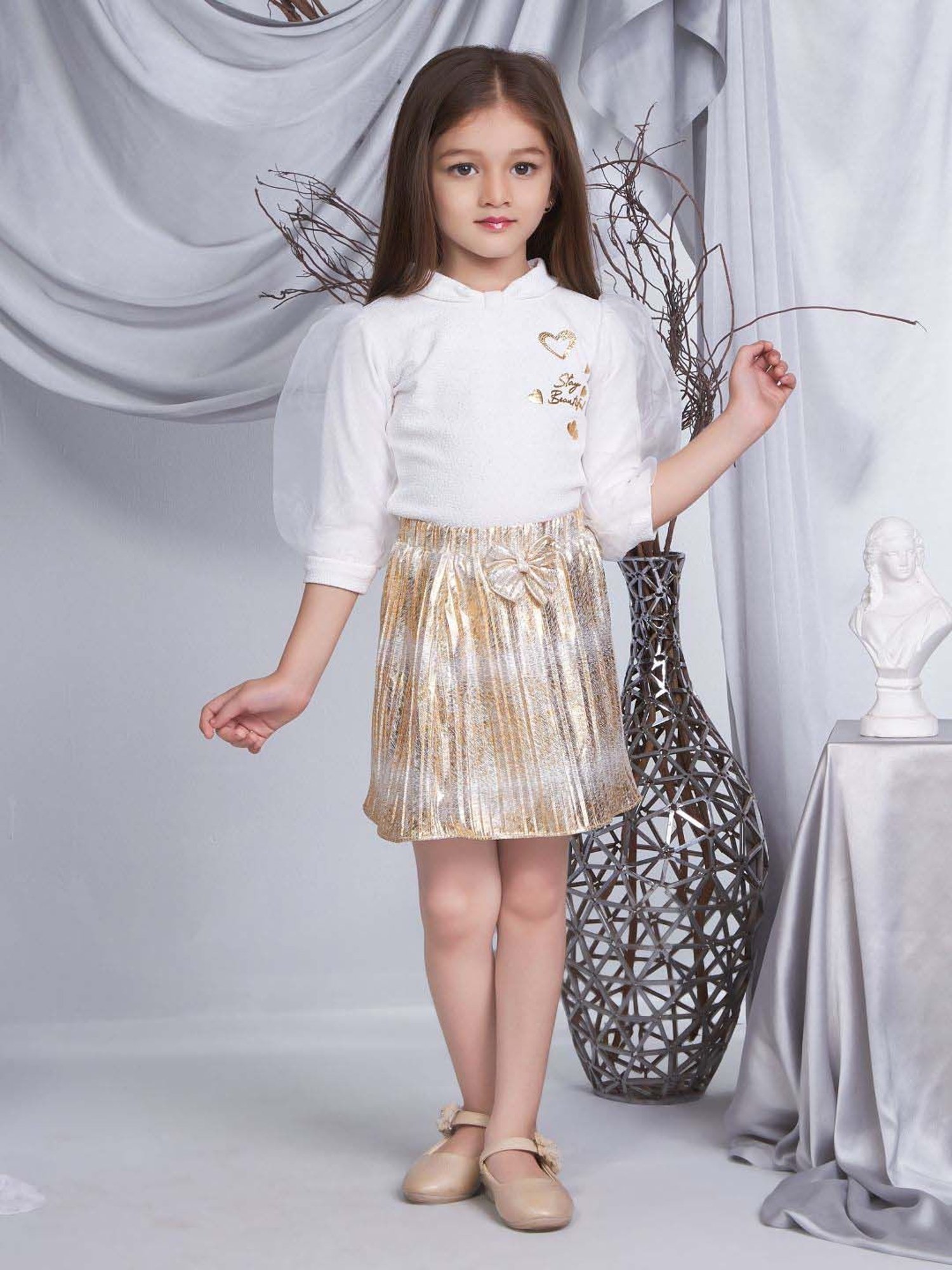 Peppermint Girls Gold & White Embellished Skirt Set