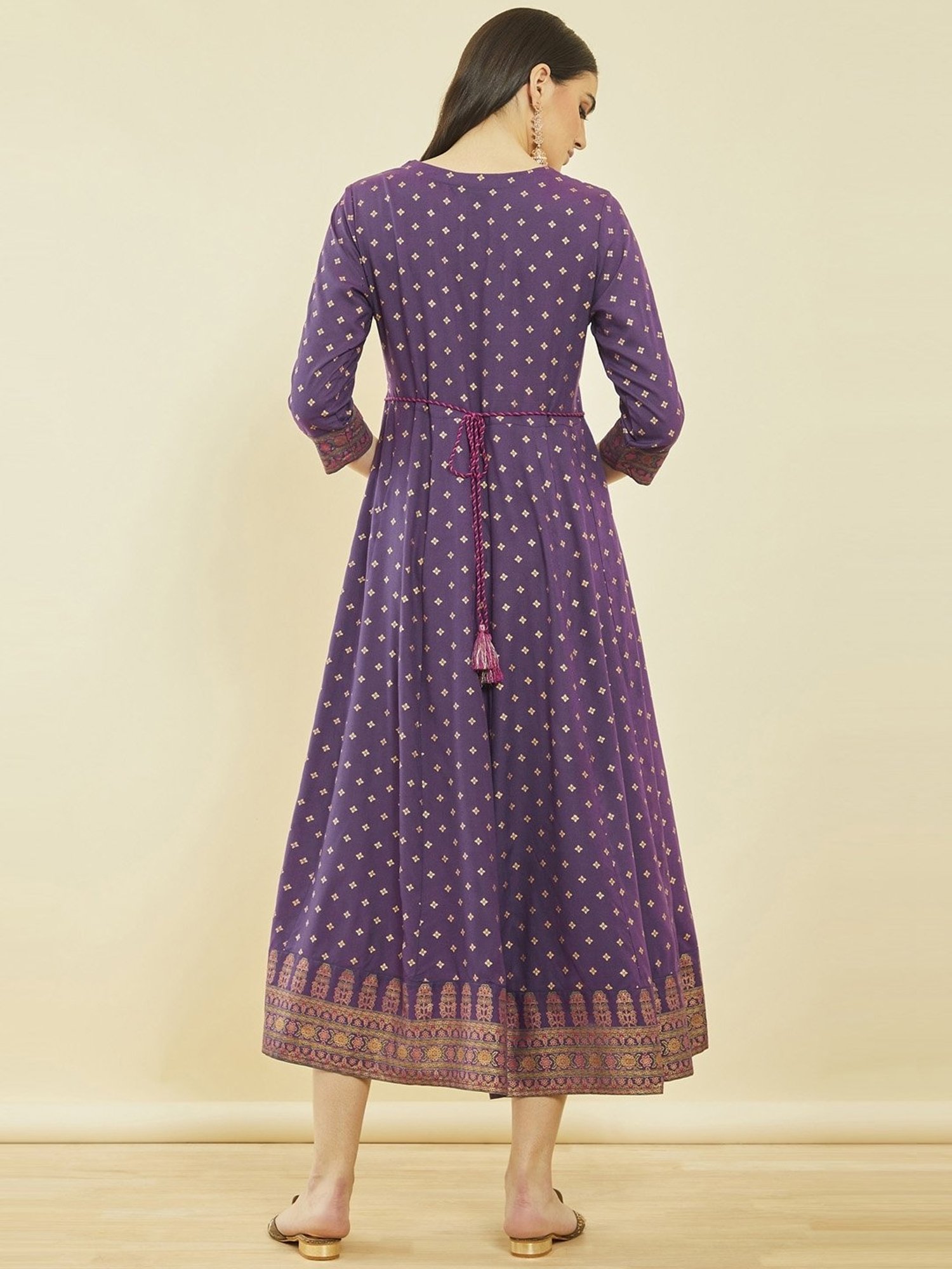 Soch Purple Rayon Floral Embroidered Dress Kurta with Waist Tie-Up