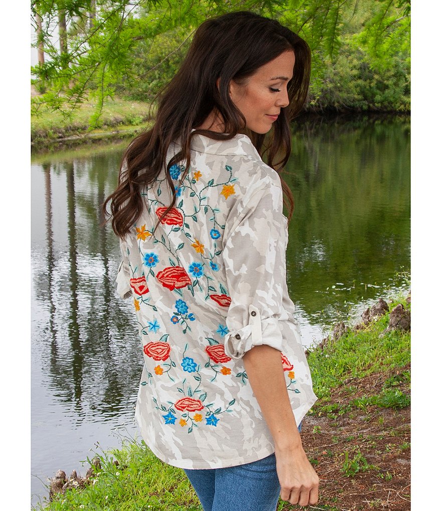 Karyn Seo Poppy Faded Camouflage Embroidered Back Button Front Shirt