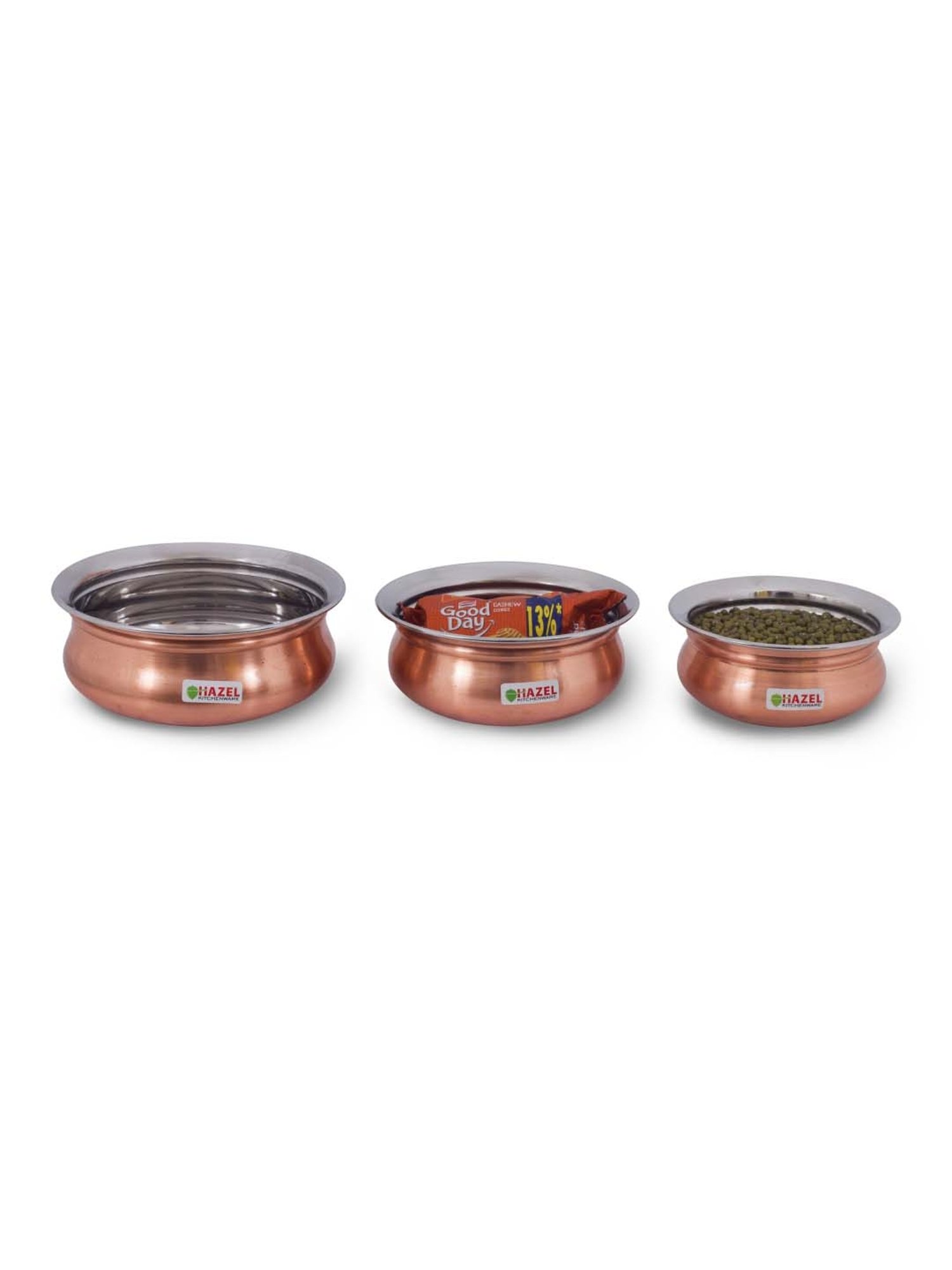 HAZEL Silver Stainless Steel & Copper Mini Handis (400 ml, 550 ml, 770 ml) - Set of 3
