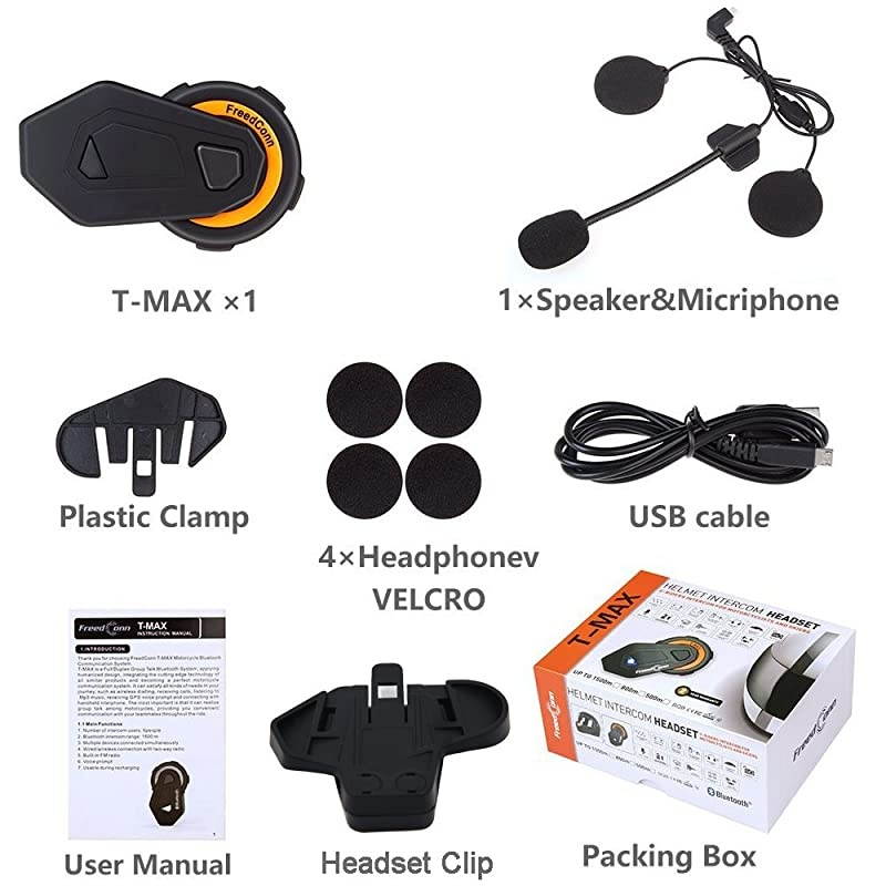 TMAX Helmet Communication Systems Group Intercom Waterproof 1000M TMAX Helmet Bluetooth Headset Talking Intercom Handsfree for Motorcycle Skiing 1 Pack