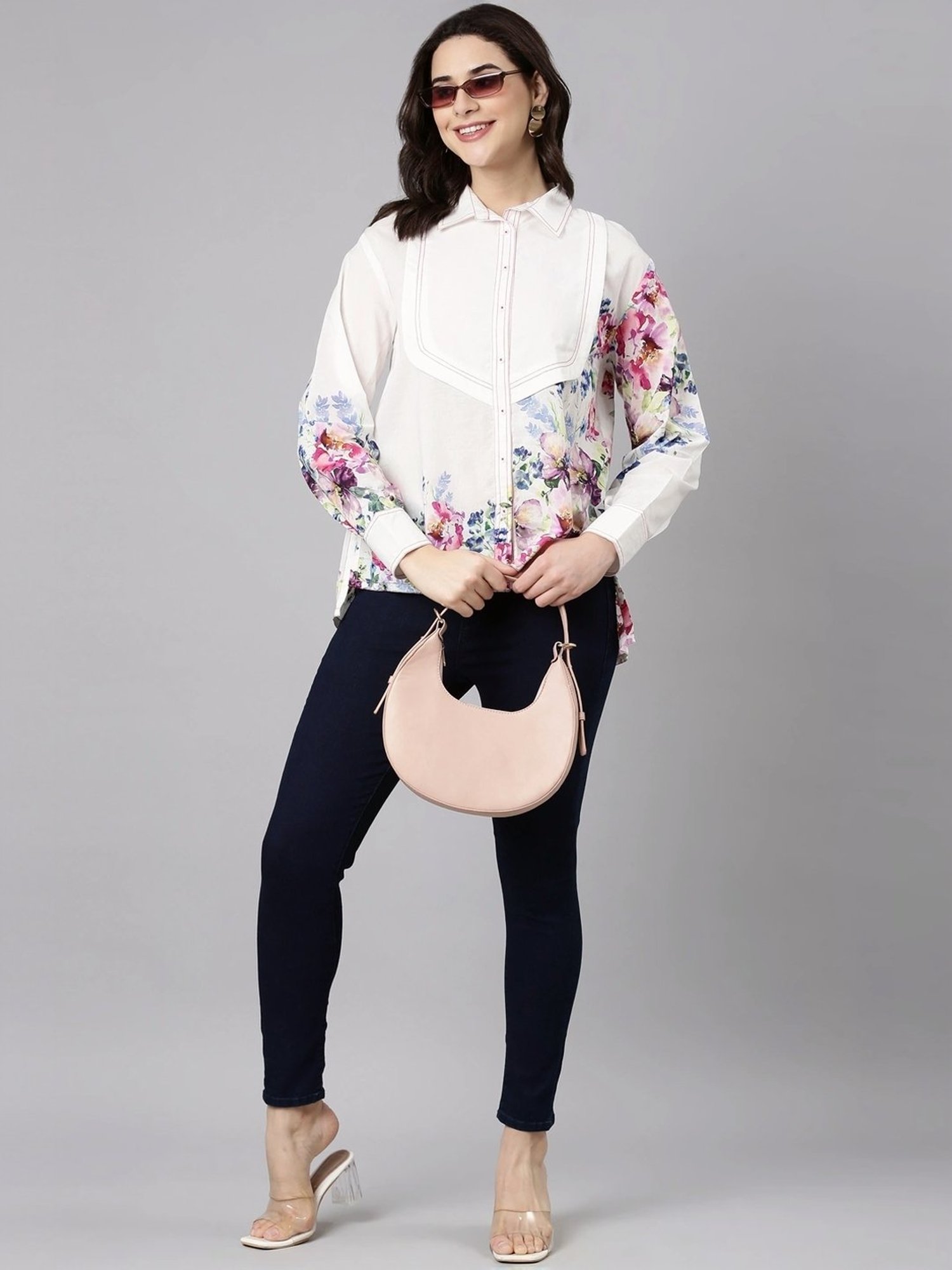 Zolo Label White Cotton Floral Print Shirt