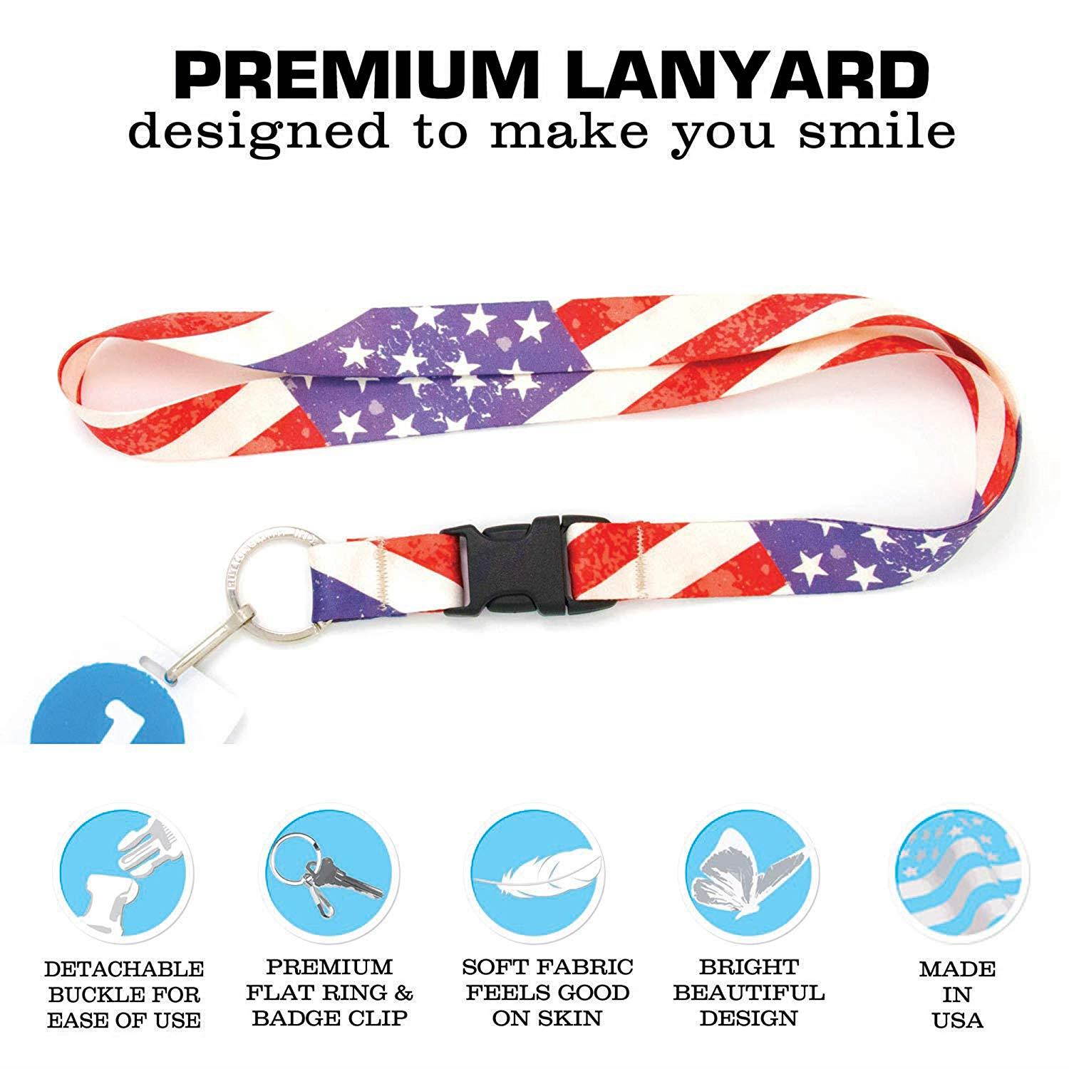 Buttonsmith Old Glory Flag Premium Lanyard with Buckle and Flat Ring - Made in USA