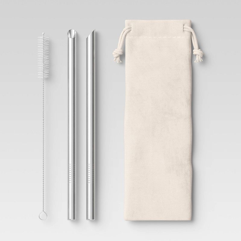 2pk Stainless Steel Smoothie Straws with Brush & Linen Bag - Room Essentials™