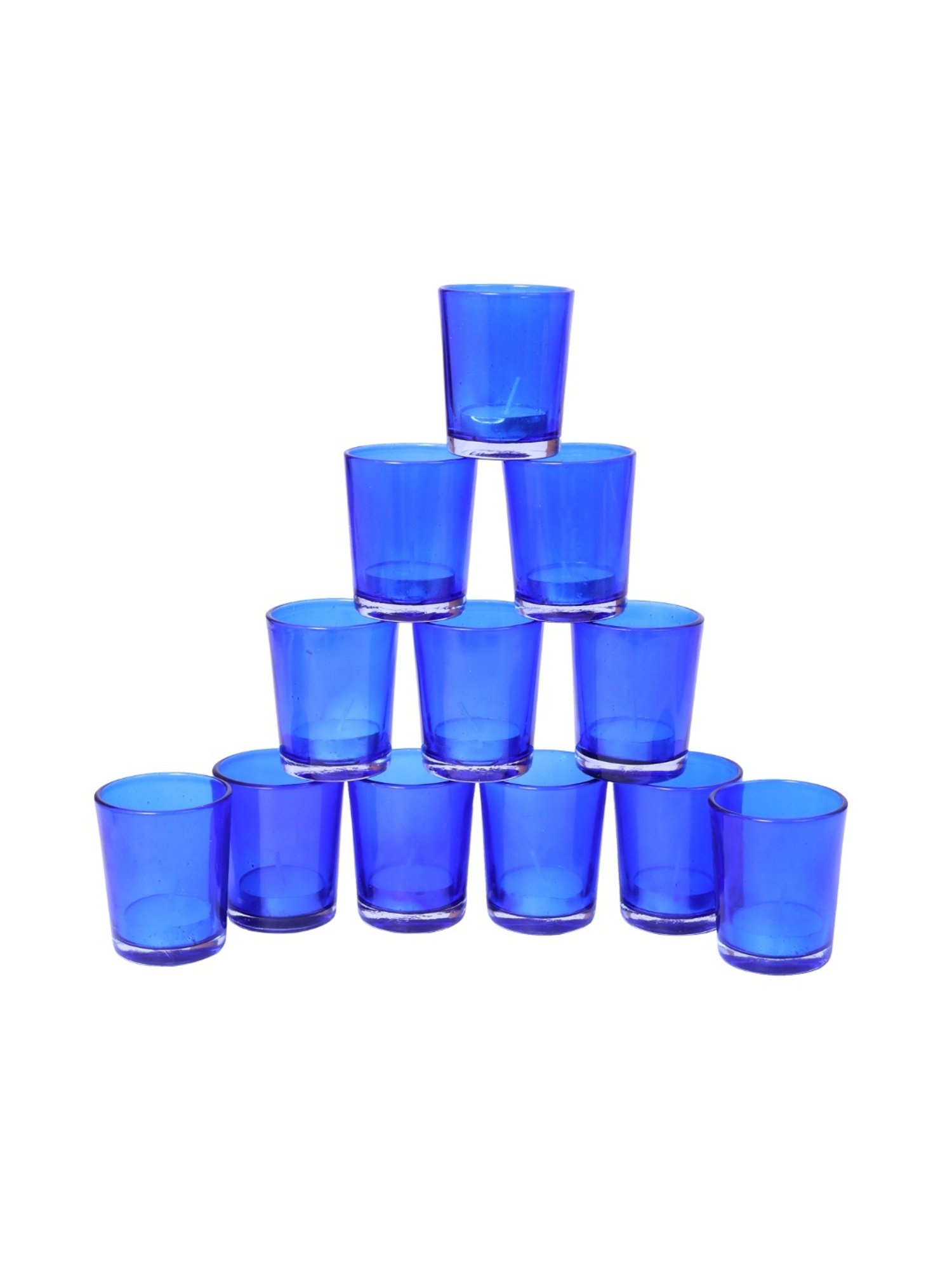 HOSLEY Blue Glass Votive Tealight Candle Holder with Tealights - Set of 12