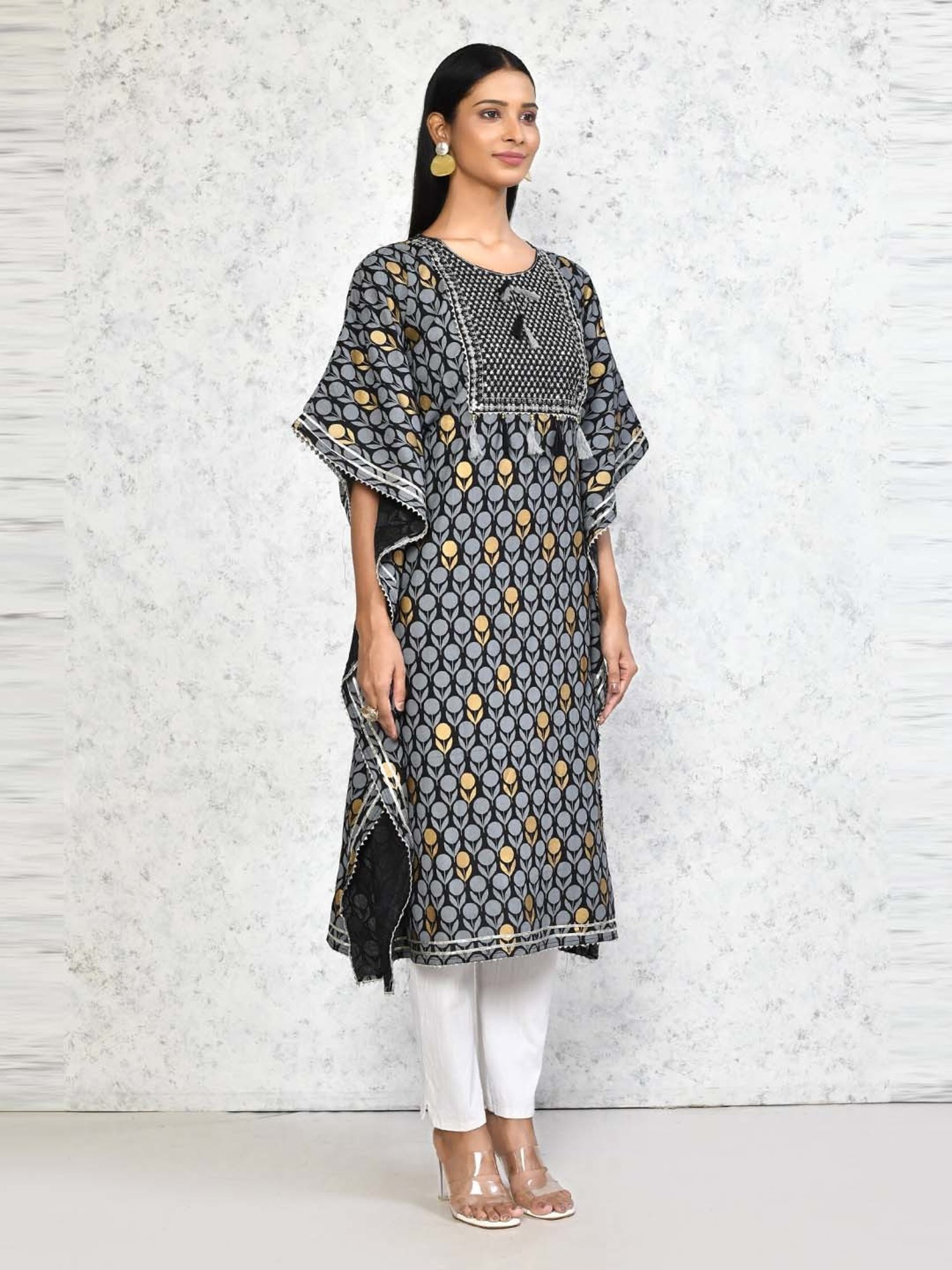 Miravan Black & Grey Cotton Embroidered A Line Kaftan