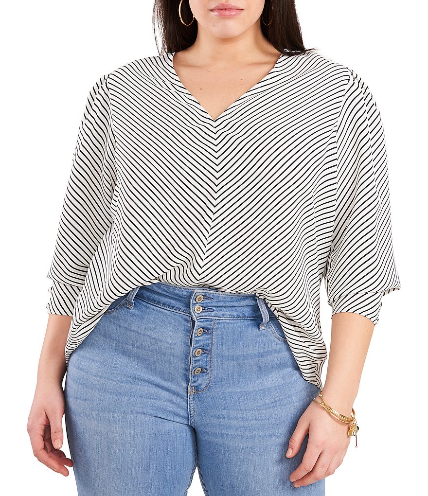 Vince Camuto Plus Size V-Neck 3/4 Sleeve Puff Shoulder Diagonal Stripe Top