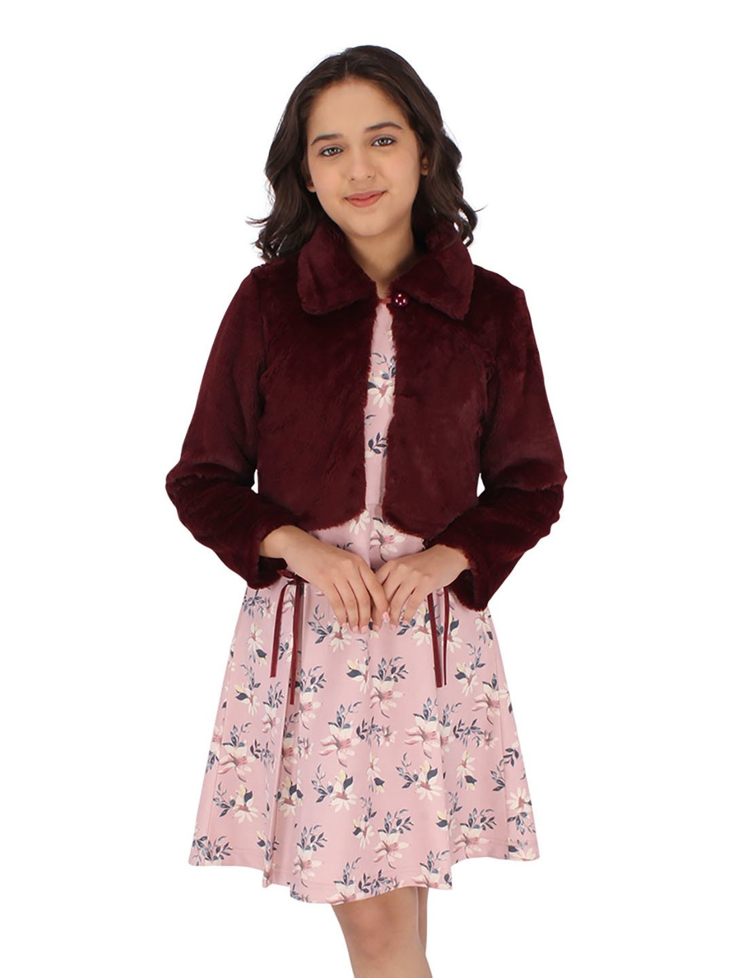 Cutecumber Kids Maroon & Pink Floral Print Full Sleeves Dress with Shrug