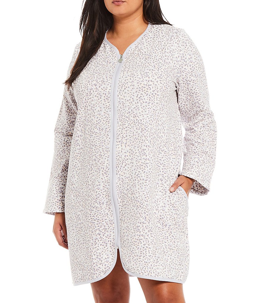 Miss Elaine Plus Leopard Print French Terry Round Neck Long Sleeve Zip Front Short Robe