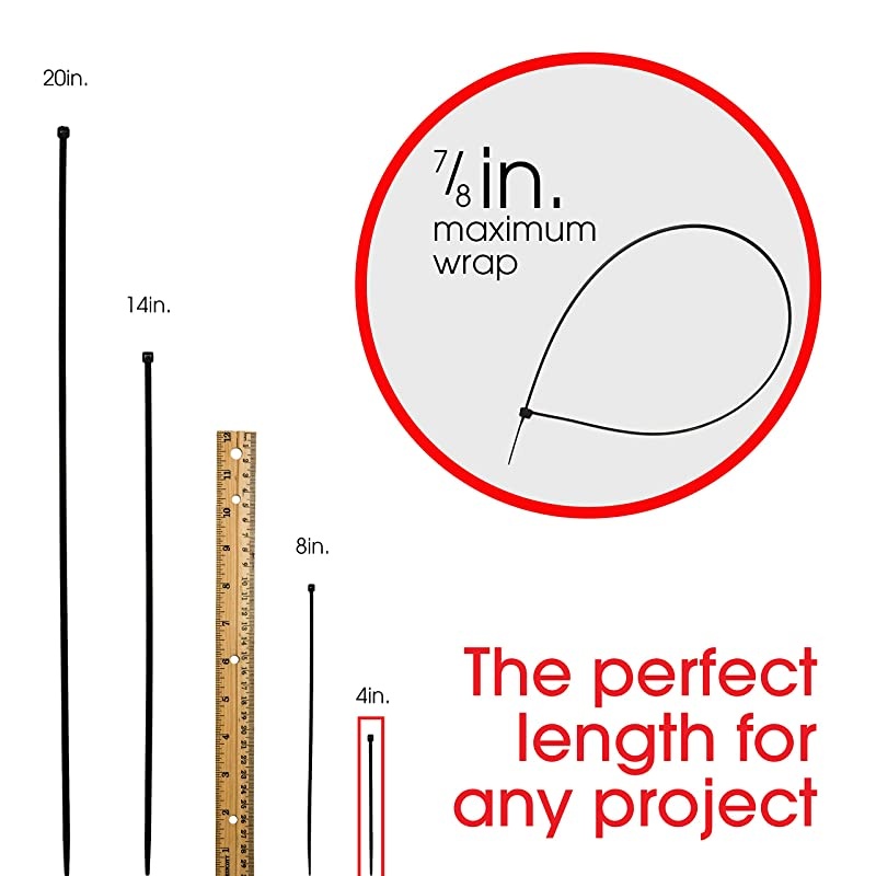 Gear Black Cable Ties, 4-Inch Long, Multipurpose Small Zip Ties, 100-Pack Nylon Plastic Ties, 7/8-Inch Maximum Diameter, Durable, Self-Locking, Black, 51229