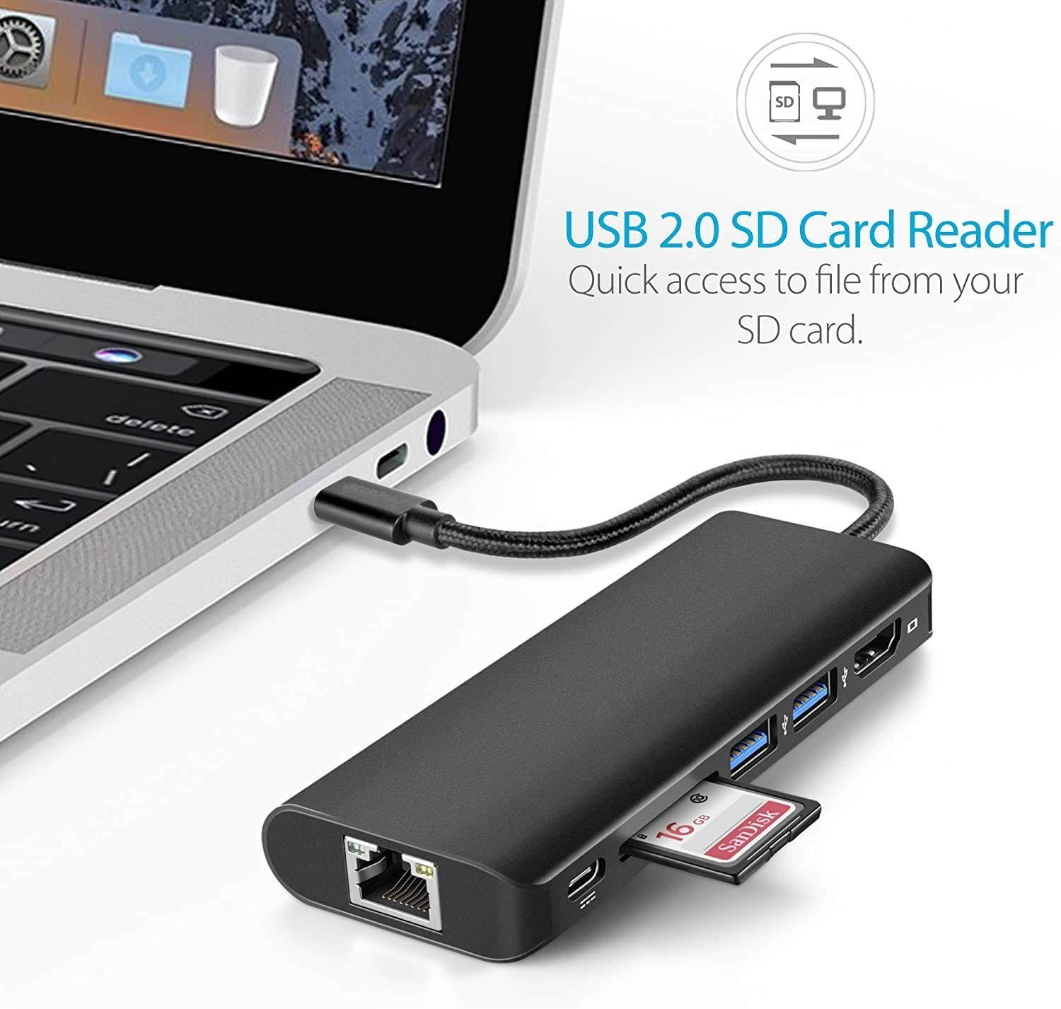 6-in-1 Type-C to 4K HDMI + 1000M LAN + SD + 2 x USB3.0 + 60W PD Adapter, Support 4K 30Hz UHD Video, Gigabit Ethernet, SD Card Reader, USB-C PD 60W Quick Charging and USB 3.0 Type-C Dongle USB C HUB.