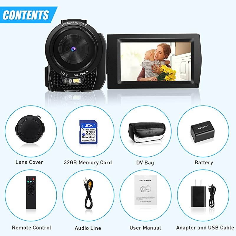 Video Camera Camcorder, Digital YouTube Vlogging Camera Recorder Full HD 1080P 15FPS 24MP 3.0 Inch 270 Degree Rotation LCD 16X Digital Zoom Camcorder and Battery Christmas