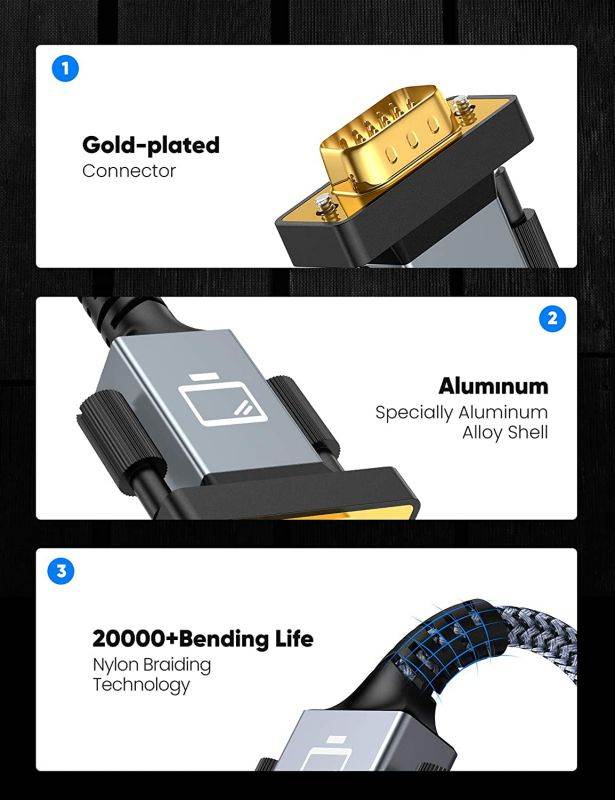 VGA Cable,VGA to VGA Cable 6ft Nylon Braided Reinforced Aluminum Shell 24k Gold-Plated Support 1080P Full HD with 15 pin VGA Port Compatible for Projector,Monitor or Any VGA Devices