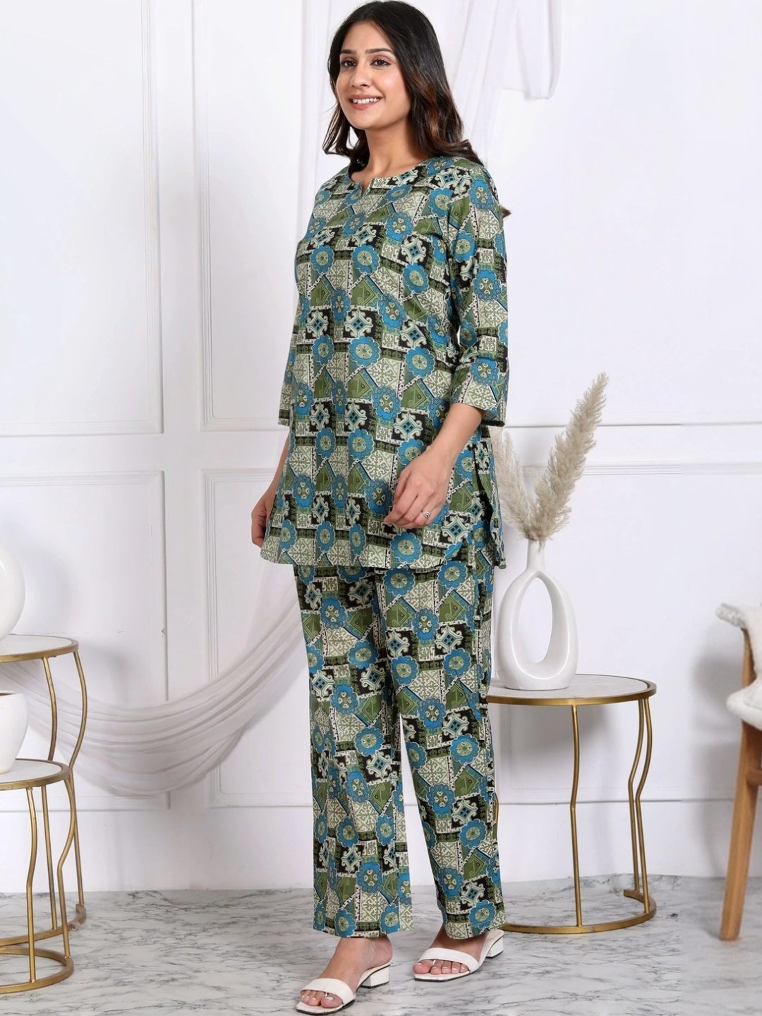 Kaftanize Green Geo Floral Printed Cotton Tunic with Pant