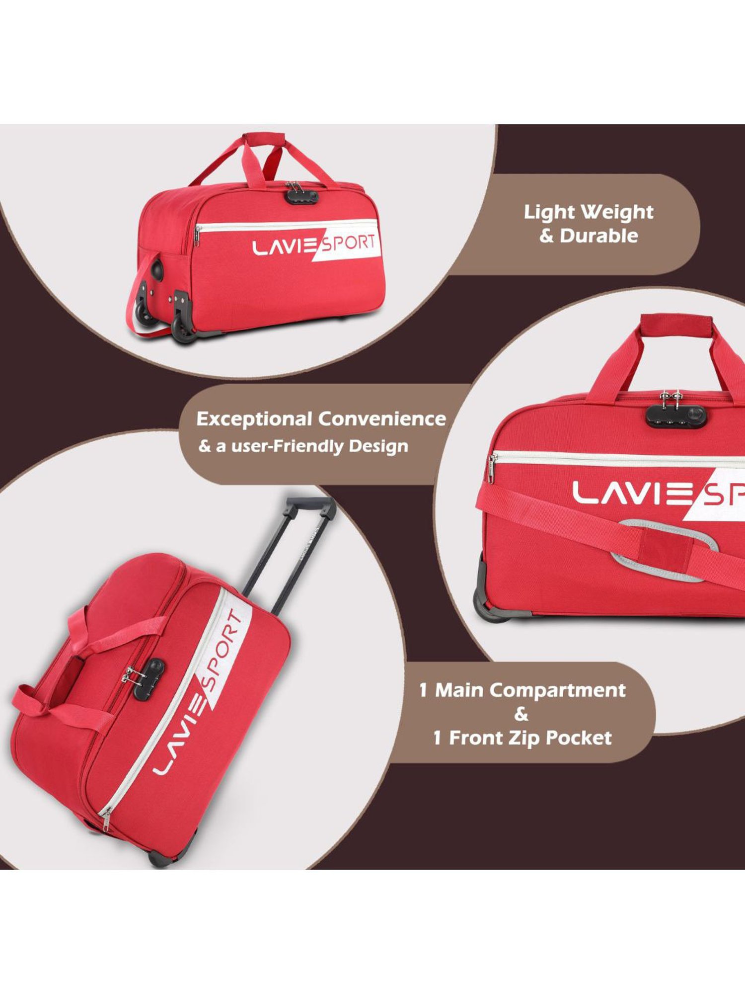 Lavie Sport 53 cms Camelot Wheel Duffle Bag With Combi Lock| Trolley Bag (Red)