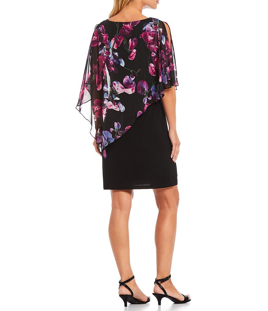 Ignite Evenings Floral Printed Round Neck 3/4 Sleeve Chiffon Popover Sheath Dress