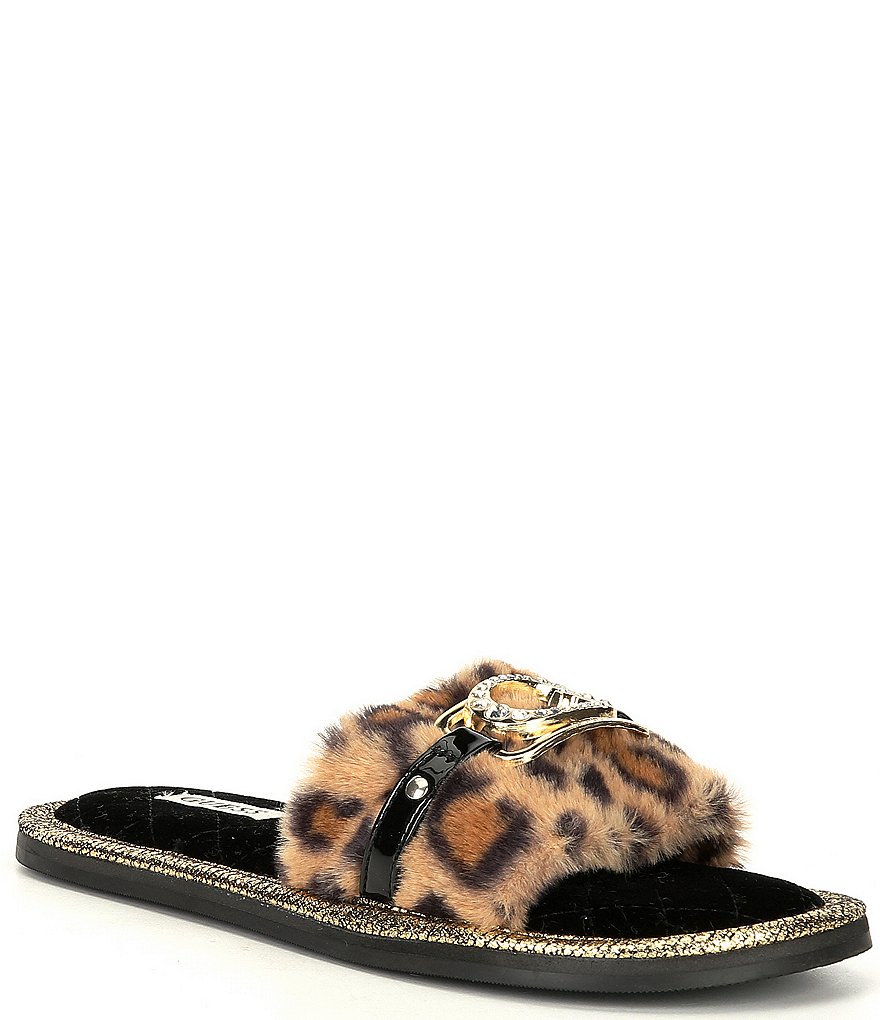 Guess Sannah Leopard Print Faux Fur Slides