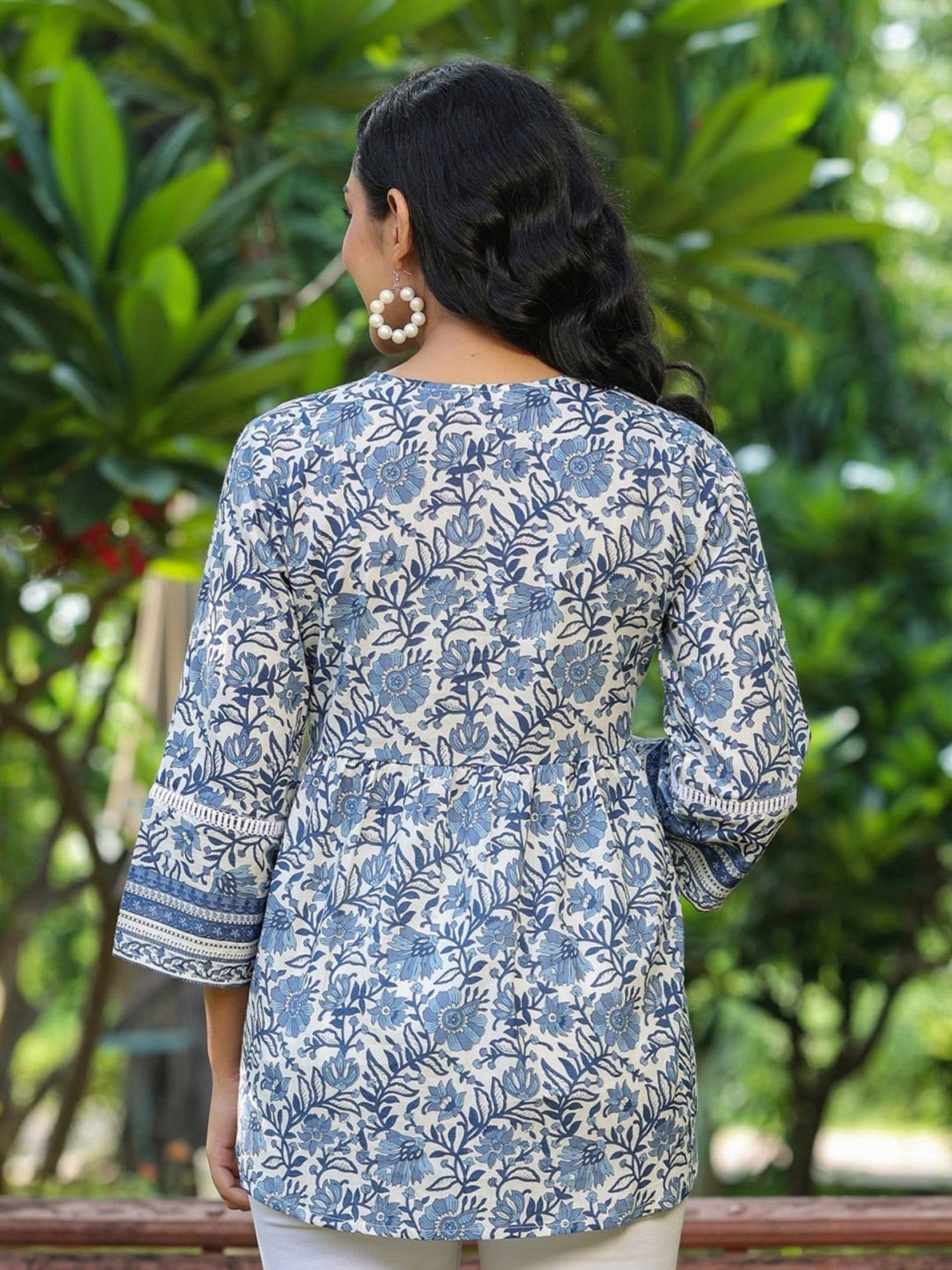 Rain and Rainbow Blue Cotton Floral Print Top