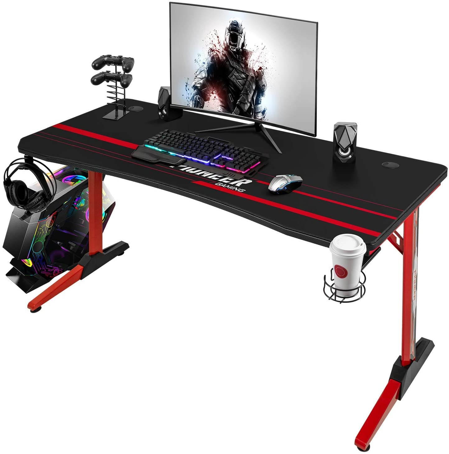 Devoko 43 Inch Gaming Desk T-Shaped PC Computer Table with Free Mouse Pad Carbon Fibre Surface Home Office Desk Gamer Table with Game Handle Rack Headphone Hook and Cup Holder (Black)