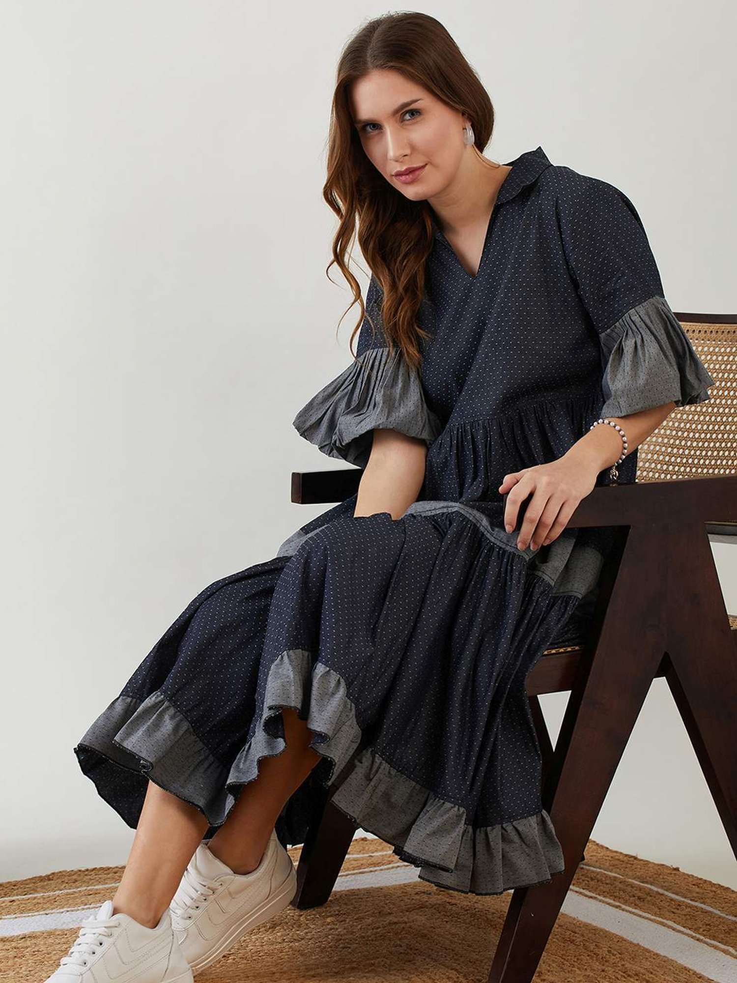 The Kaftan Company Navy Cotton Self Pattern A-Line Dress