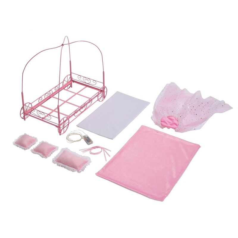Badger Basket Royal Carriage Metal Doll Bed with Canopy Bedding and LED Lights - Pink/White/Stars