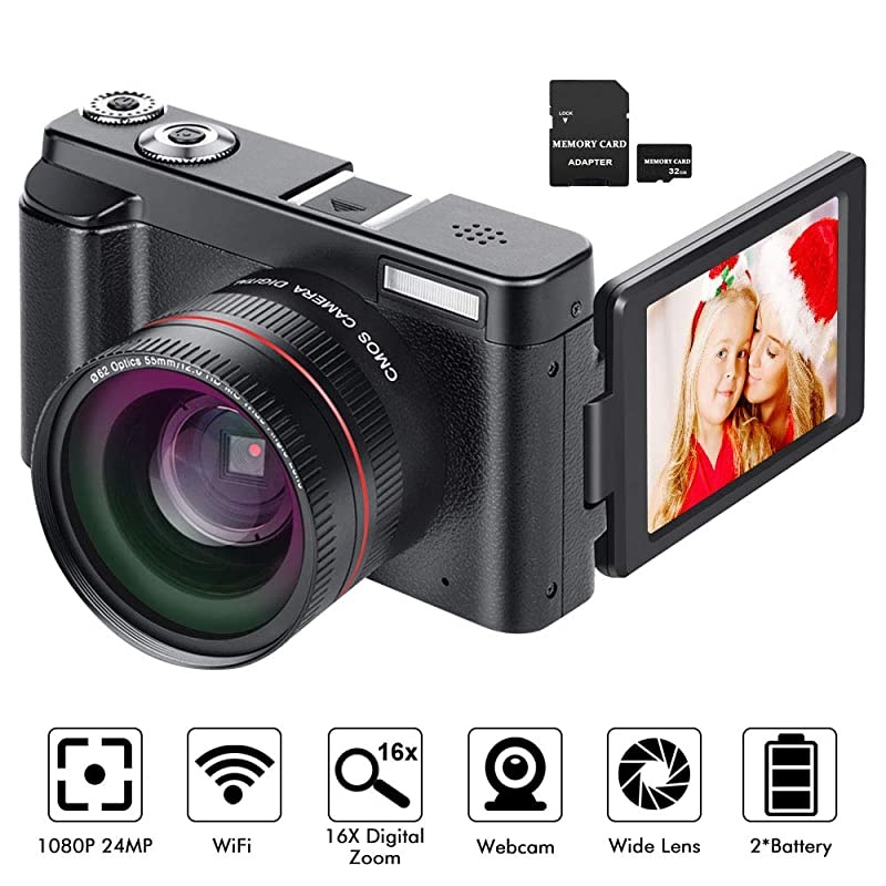 Camera YouTube Vlogging Camera HD 1080P 24MP Video Camcorder 16X Zoom with Wide Angle Lens, WiFi, Pause Function, Face Detection, 3&rsquo;&rsquo; IPS Screen, 32GB SD Card, 2xBattery