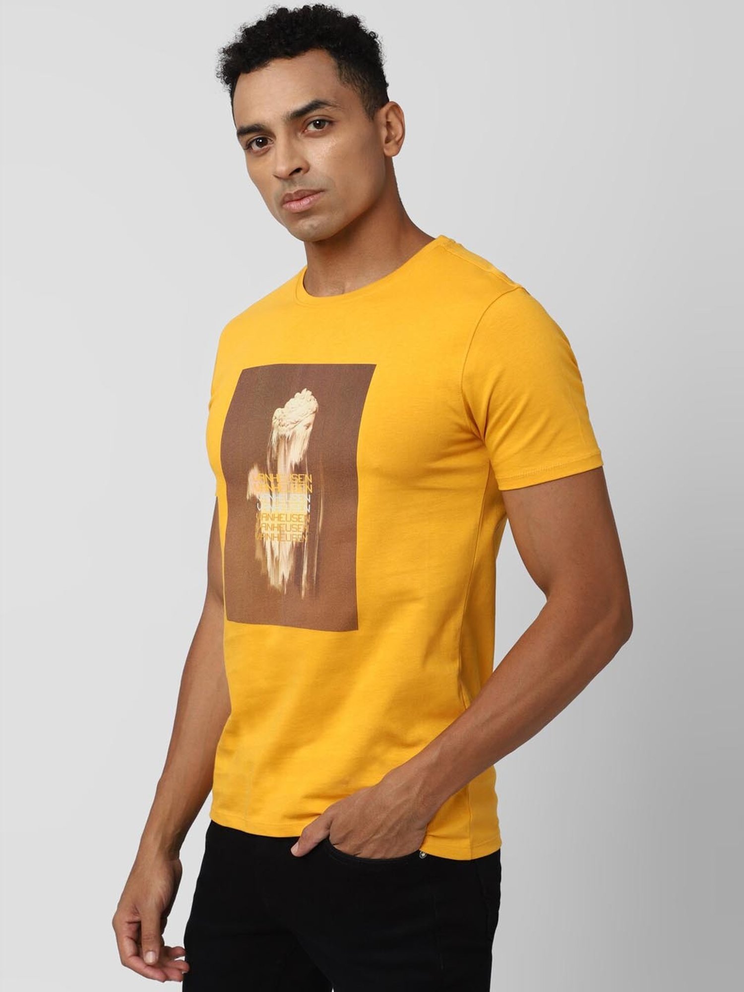 V Dot Yellow Cotton Slim Fit Printed T-Shirt