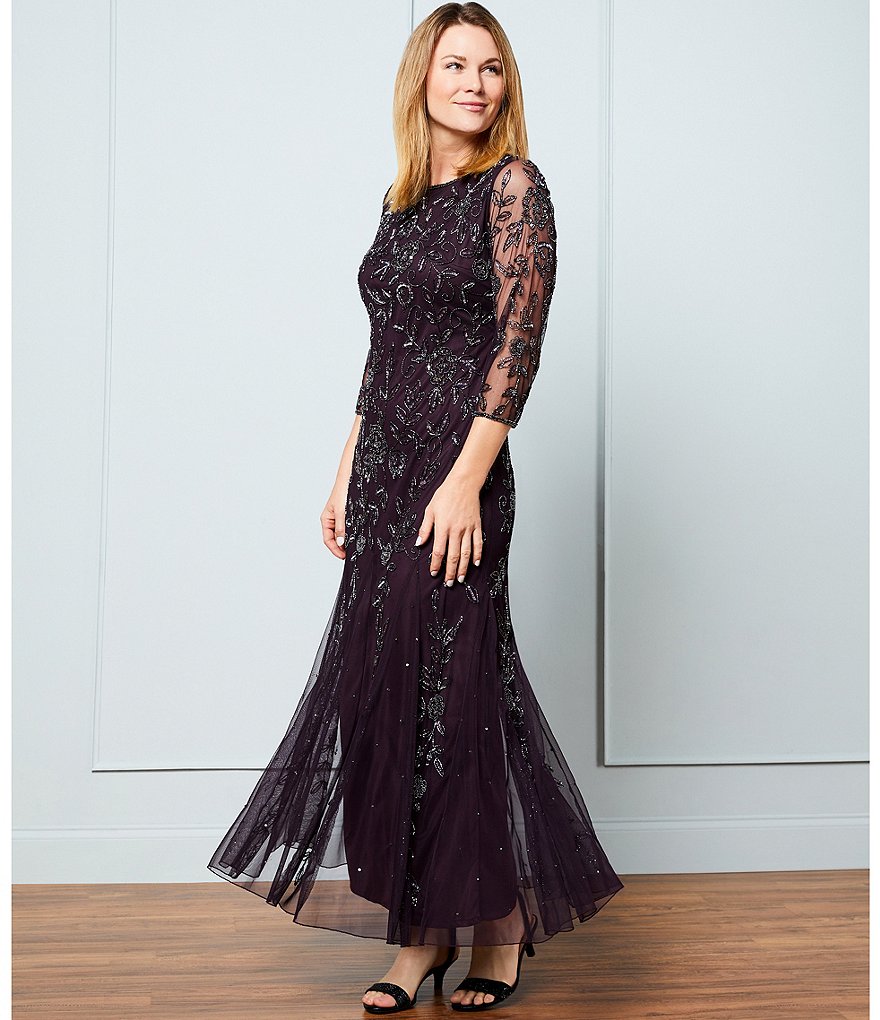 Pisarro Nights 3/4 Sleeve Long Beaded Gown with Godets